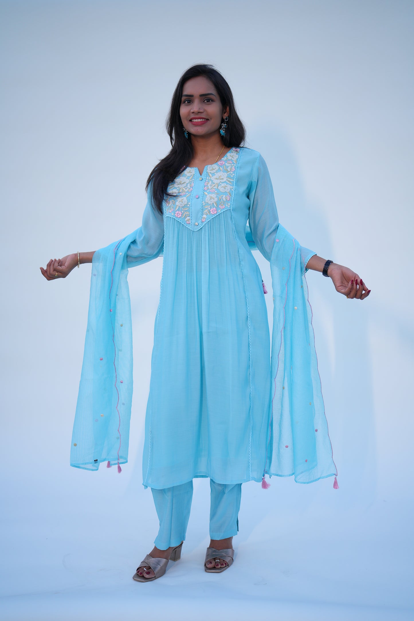 Aqua Green Viscose Fabric Party Wear 3 Piece Set With Kota Duppata and Complete Lining