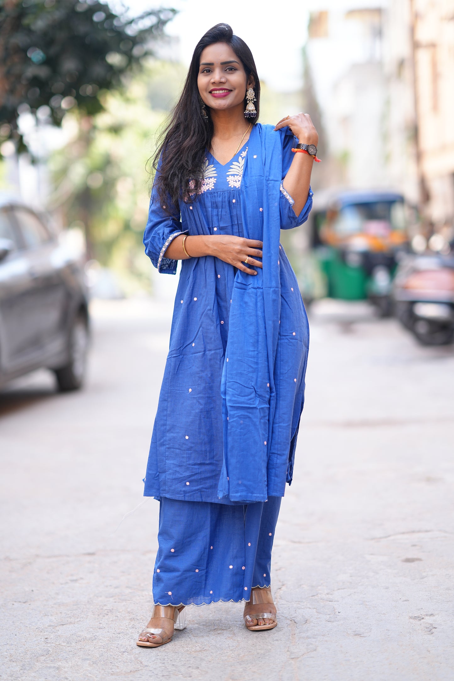 Blue Color Jaipur Slub Cotton 3 Piece Set With Plzaao Pant and Complete Lining
