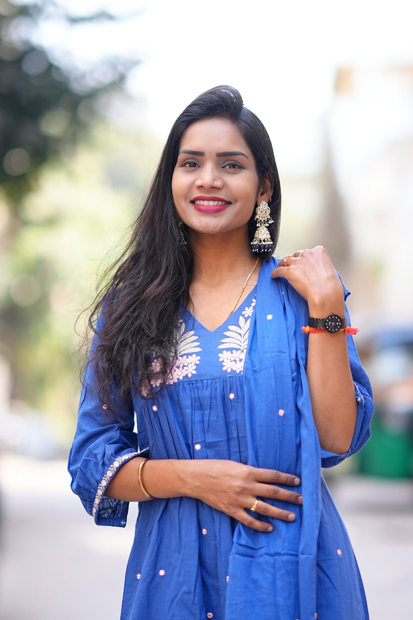Blue Color Jaipur Slub Cotton 3 Piece Set With Plzaao Pant and Complete Lining