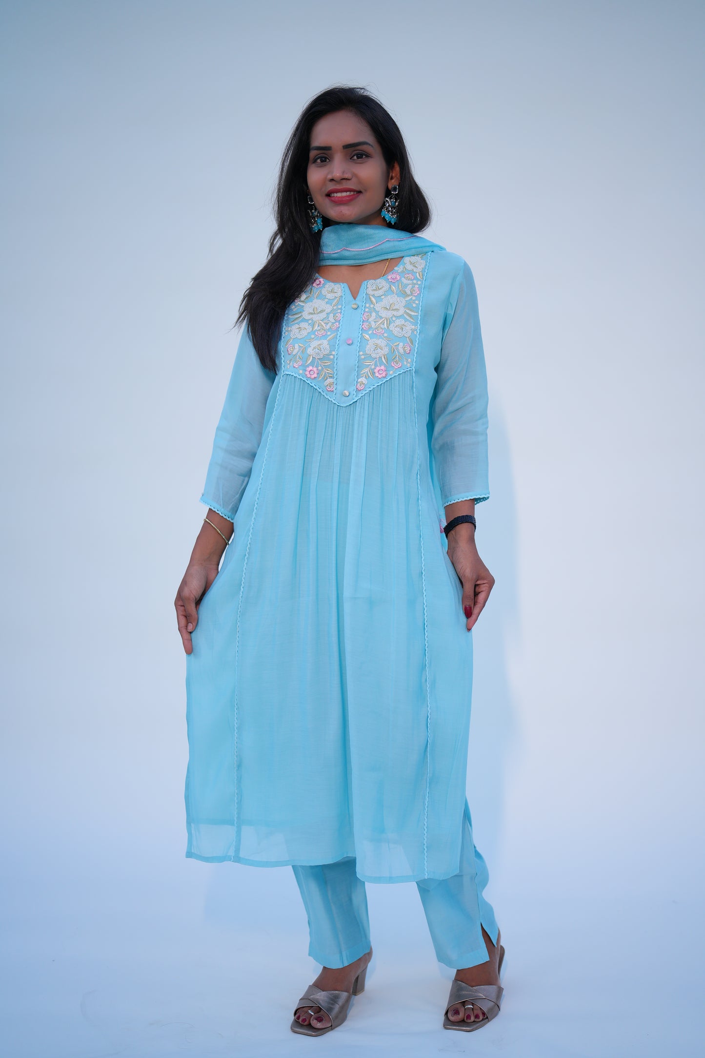 Aqua Green Viscose Fabric Party Wear 3 Piece Set With Kota Duppata and Complete Lining