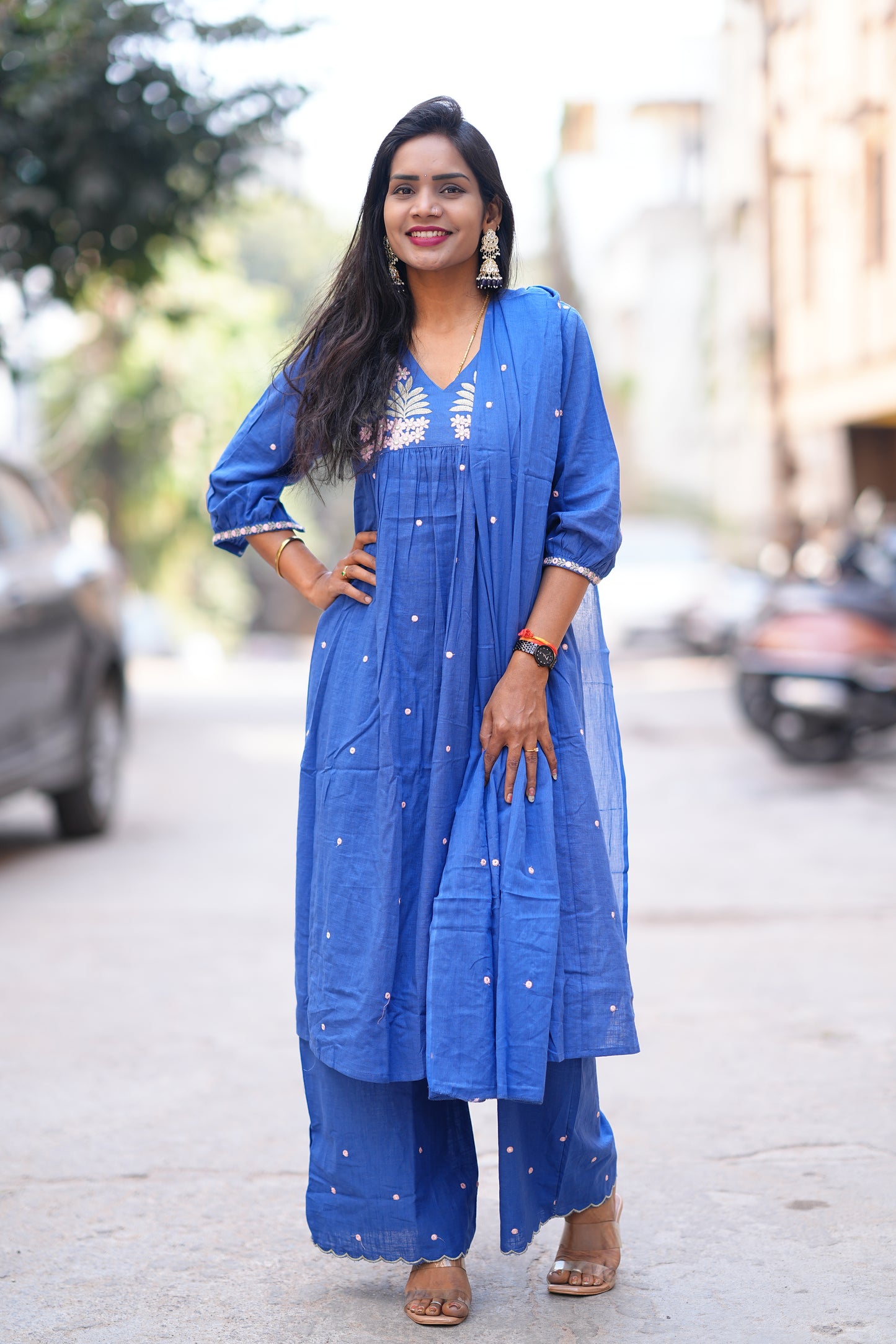 Blue Color Jaipur Slub Cotton 3 Piece Set With Plzaao Pant and Complete Lining