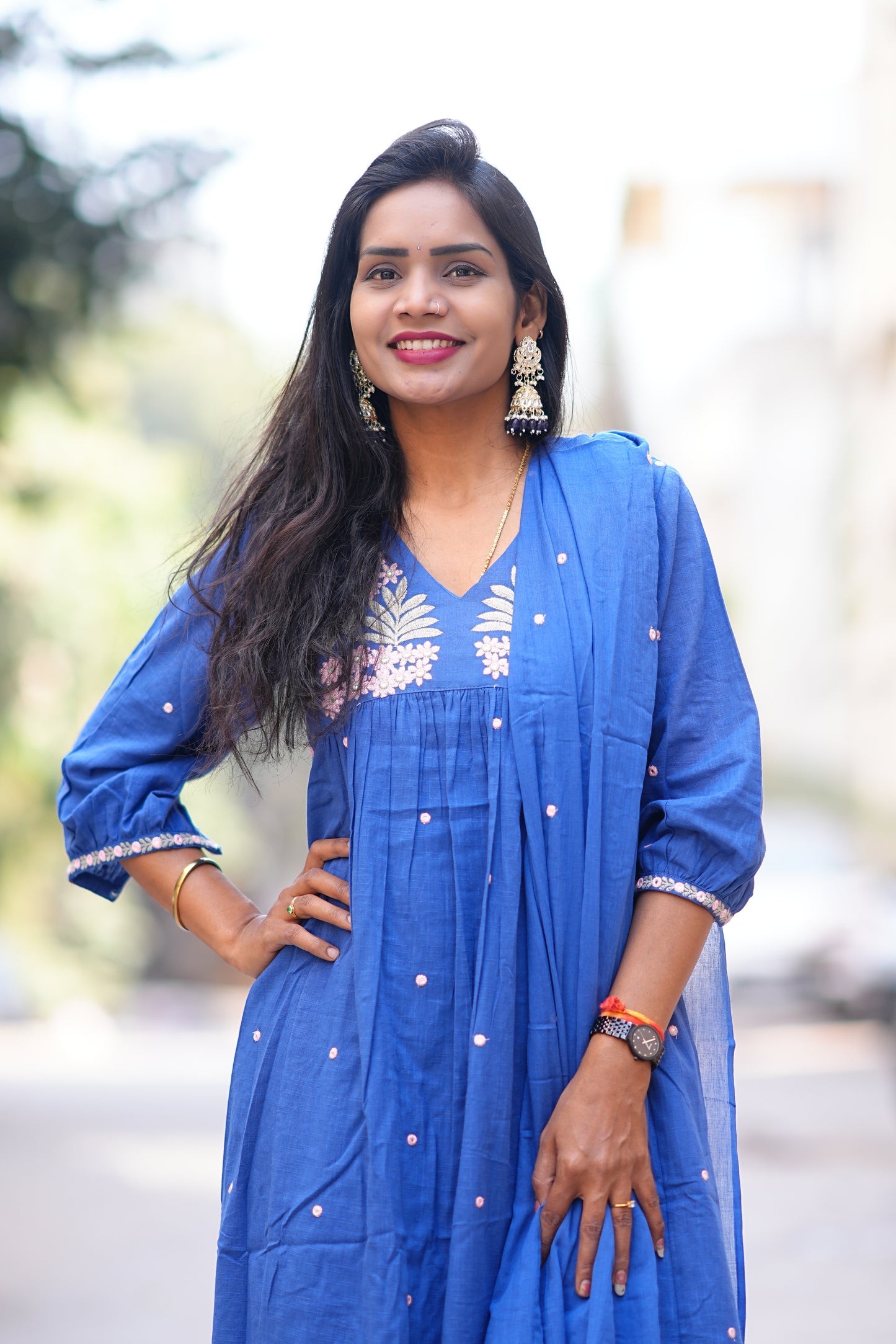 Blue Color Jaipur Slub Cotton 3 Piece Set With Plzaao Pant and Complete Lining