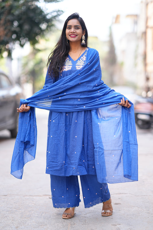Blue Color Jaipur Slub Cotton 3 Piece Set With Plzaao Pant and Complete Lining