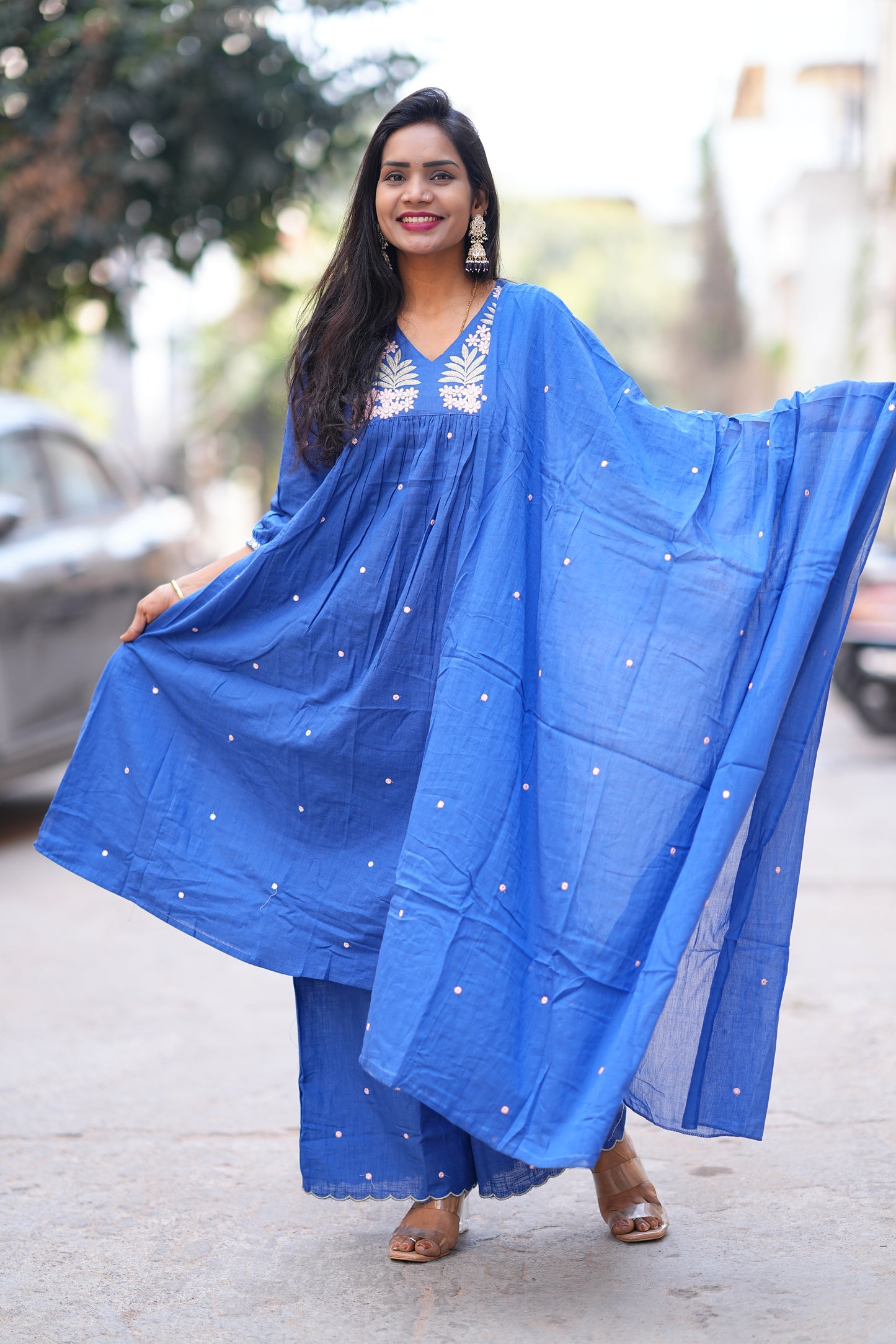 Blue Color Jaipur Slub Cotton 3 Piece Set With Plzaao Pant and Complete Lining