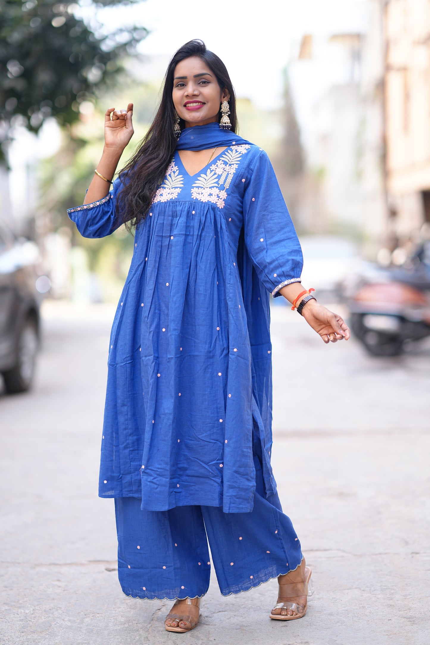 Blue Color Jaipur Slub Cotton 3 Piece Set With Plzaao Pant and Complete Lining