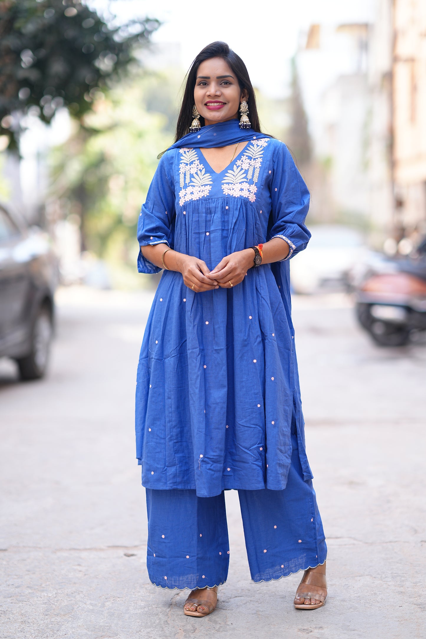 Blue Color Jaipur Slub Cotton 3 Piece Set With Plzaao Pant and Complete Lining