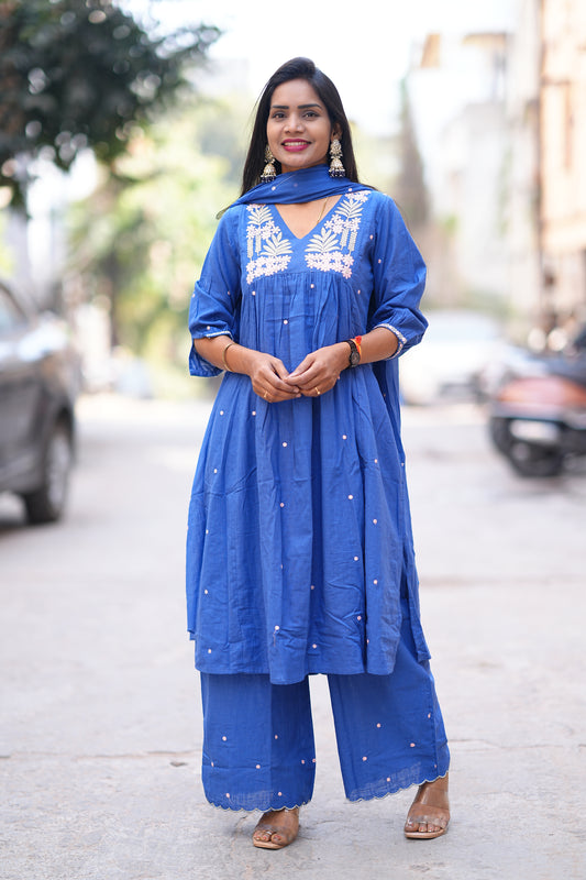 Blue Color Jaipur Slub Cotton 3 Piece Set With Plzaao Pant and Complete Lining