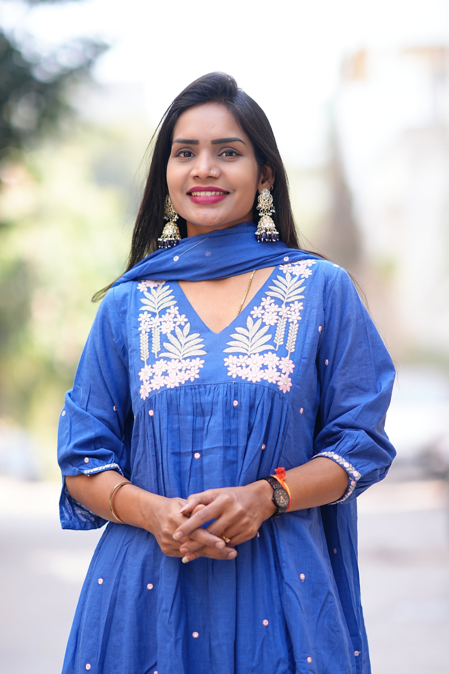 Blue Color Festive Wear Jaipur Slub Cotton With Thread Embroidery and Lining