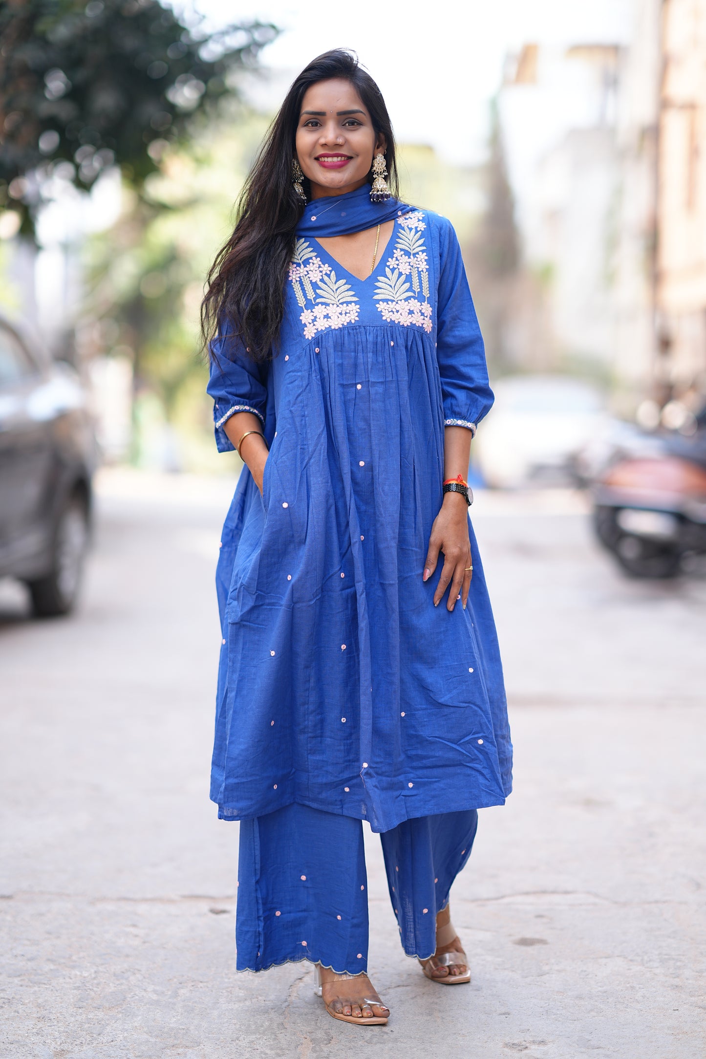 Blue Color Jaipur Slub Cotton 3 Piece Set With Plzaao Pant and Complete Lining