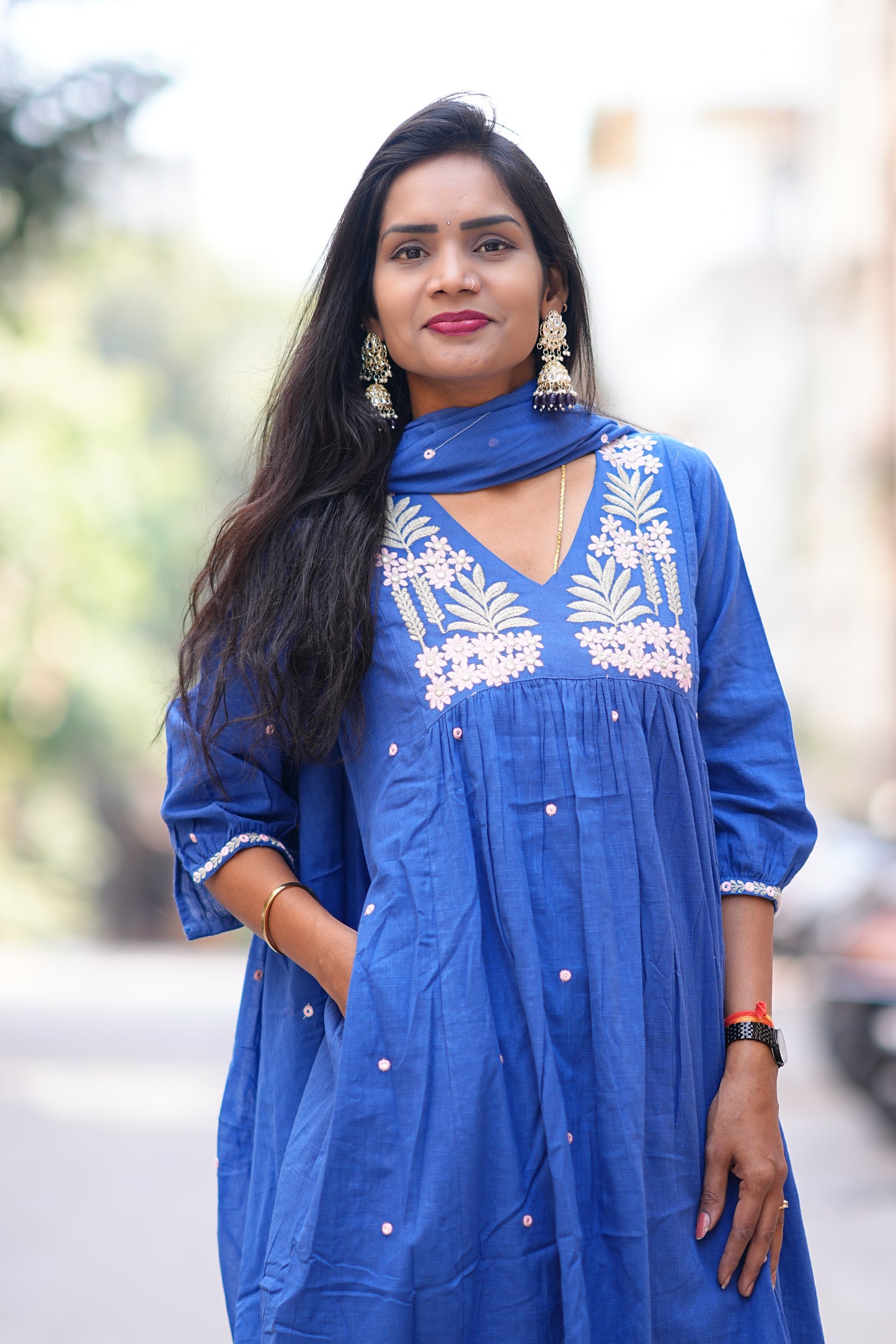 Blue Color Jaipur Slub Cotton 3 Piece Set With Plzaao Pant and Complete Lining