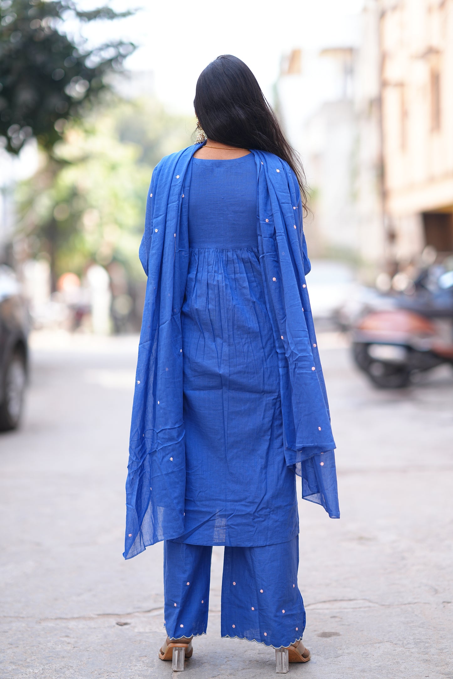 Blue Color Jaipur Slub Cotton 3 Piece Set With Plzaao Pant and Complete Lining