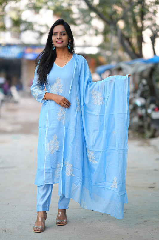 Powder Blue Color Premium Mul Chanderi Festive 3-Piece Embroidered Set with Full Lining