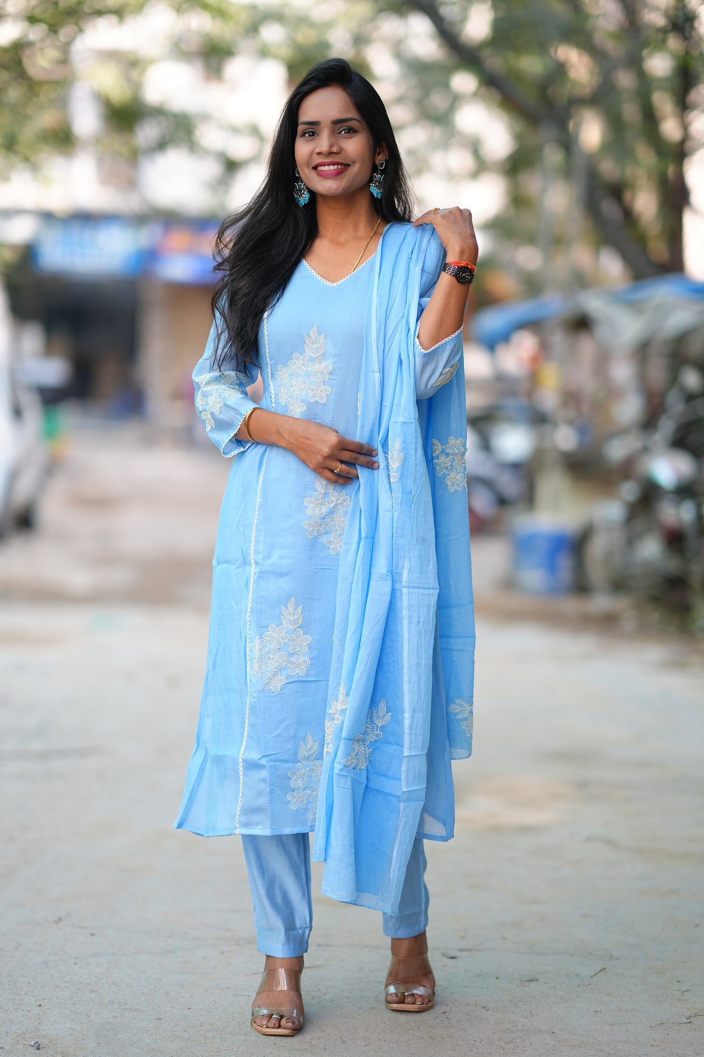 Powder Blue Color Premium Mul Chanderi Festive 3-Piece Embroidered Set with Full Lining
