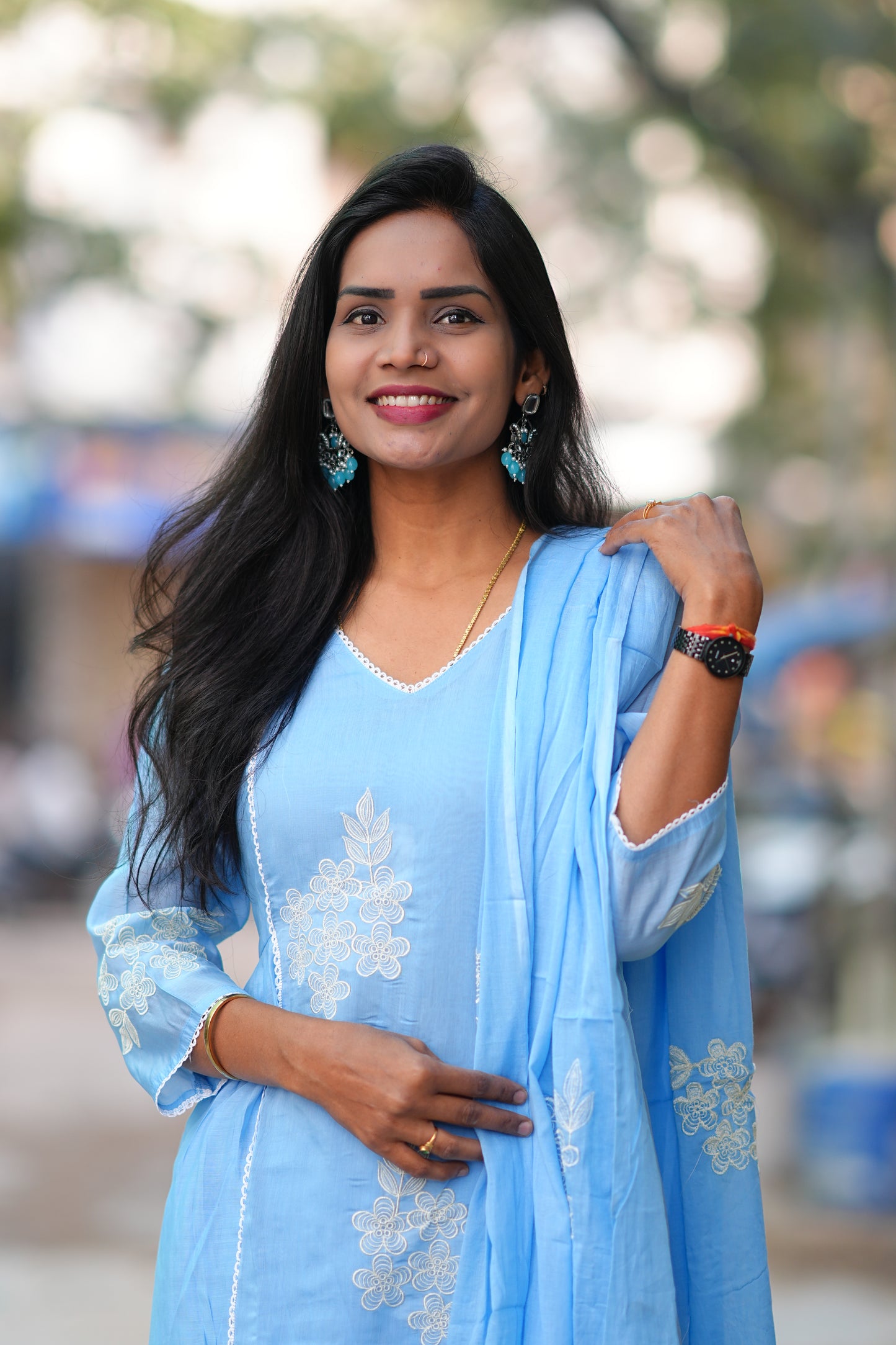 Powder Blue Color Premium Mul Chanderi Festive 3-Piece Embroidered Set with Full Lining