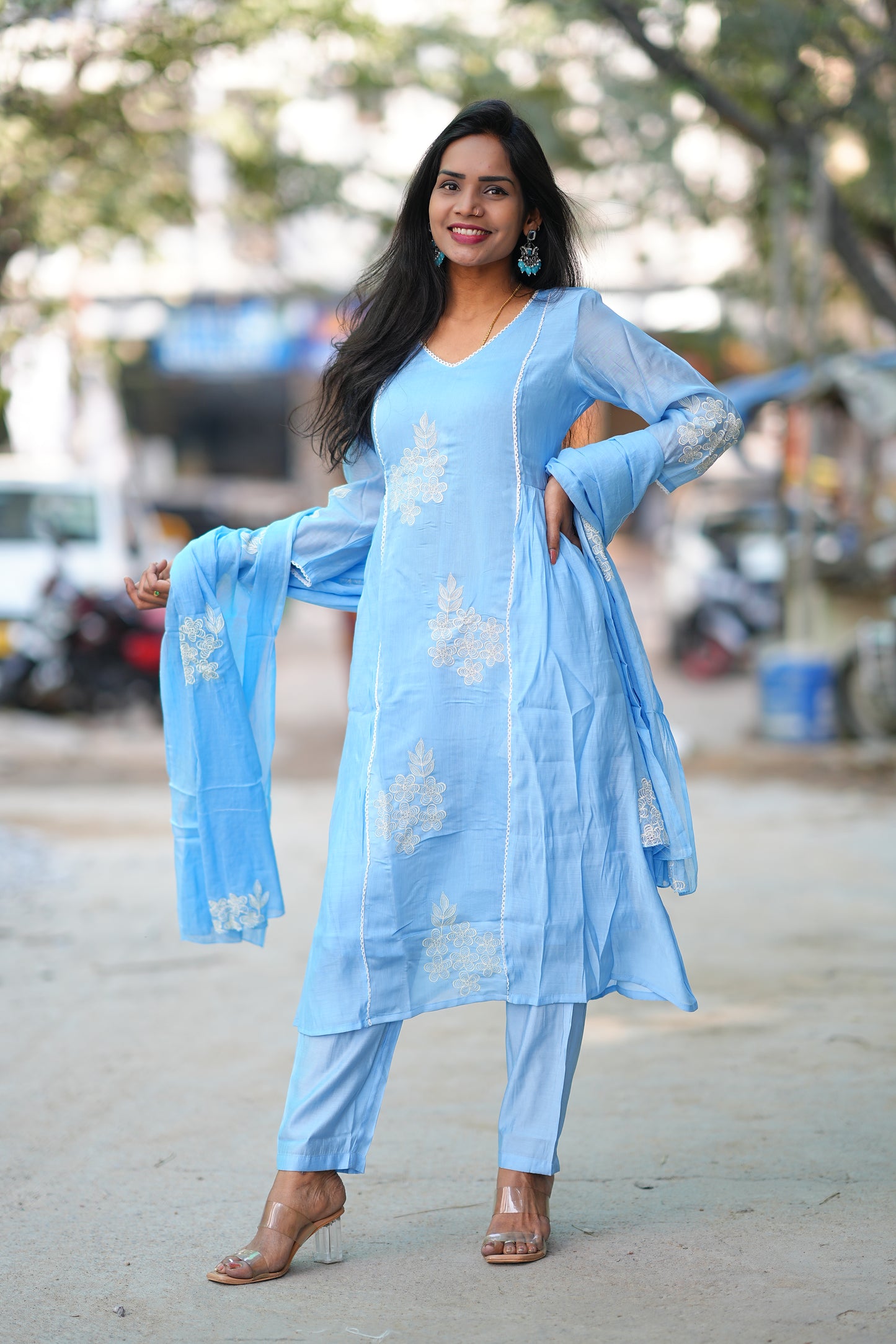 Powder Blue Color Premium Mul Chanderi Festive 3-Piece Embroidered Set with Full Lining