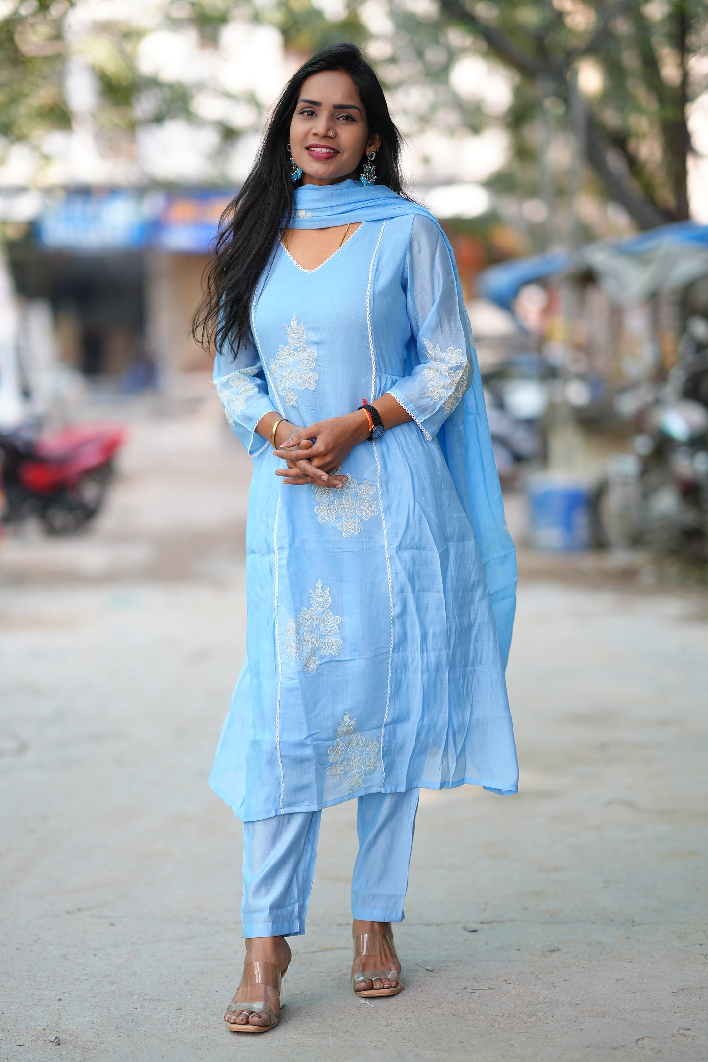 Powder Blue Color Premium Mul Chanderi Festive 3-Piece Embroidered Set with Full Lining
