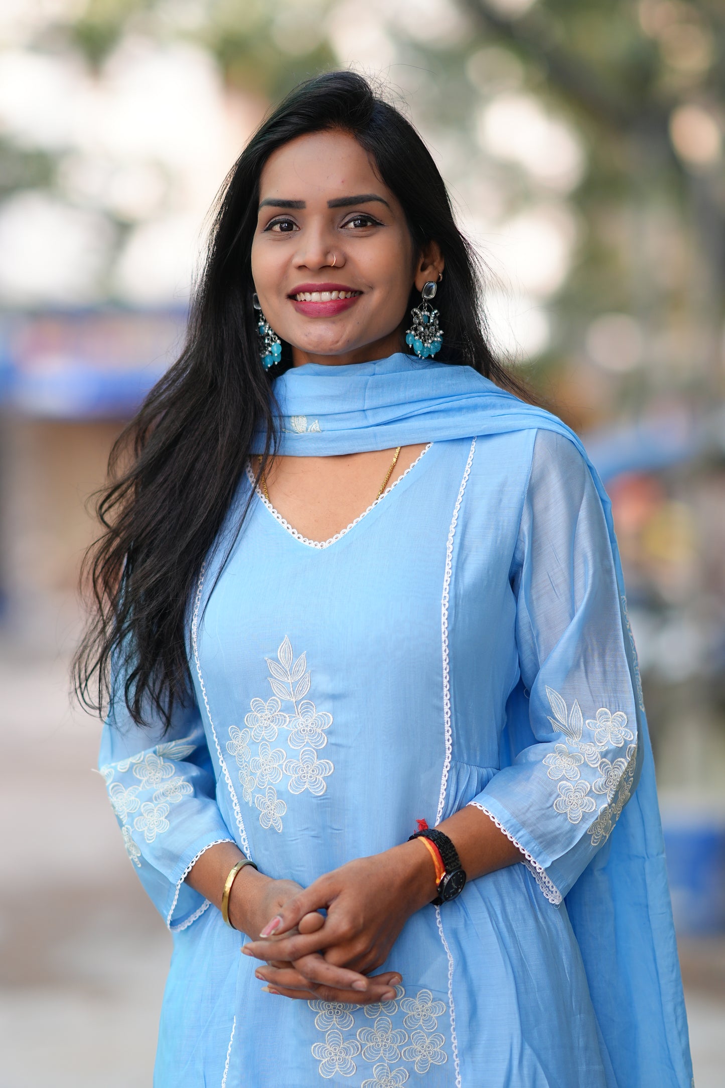 Powder Blue Color Premium Mul Chanderi Festive 3-Piece Embroidered Set with Full Lining