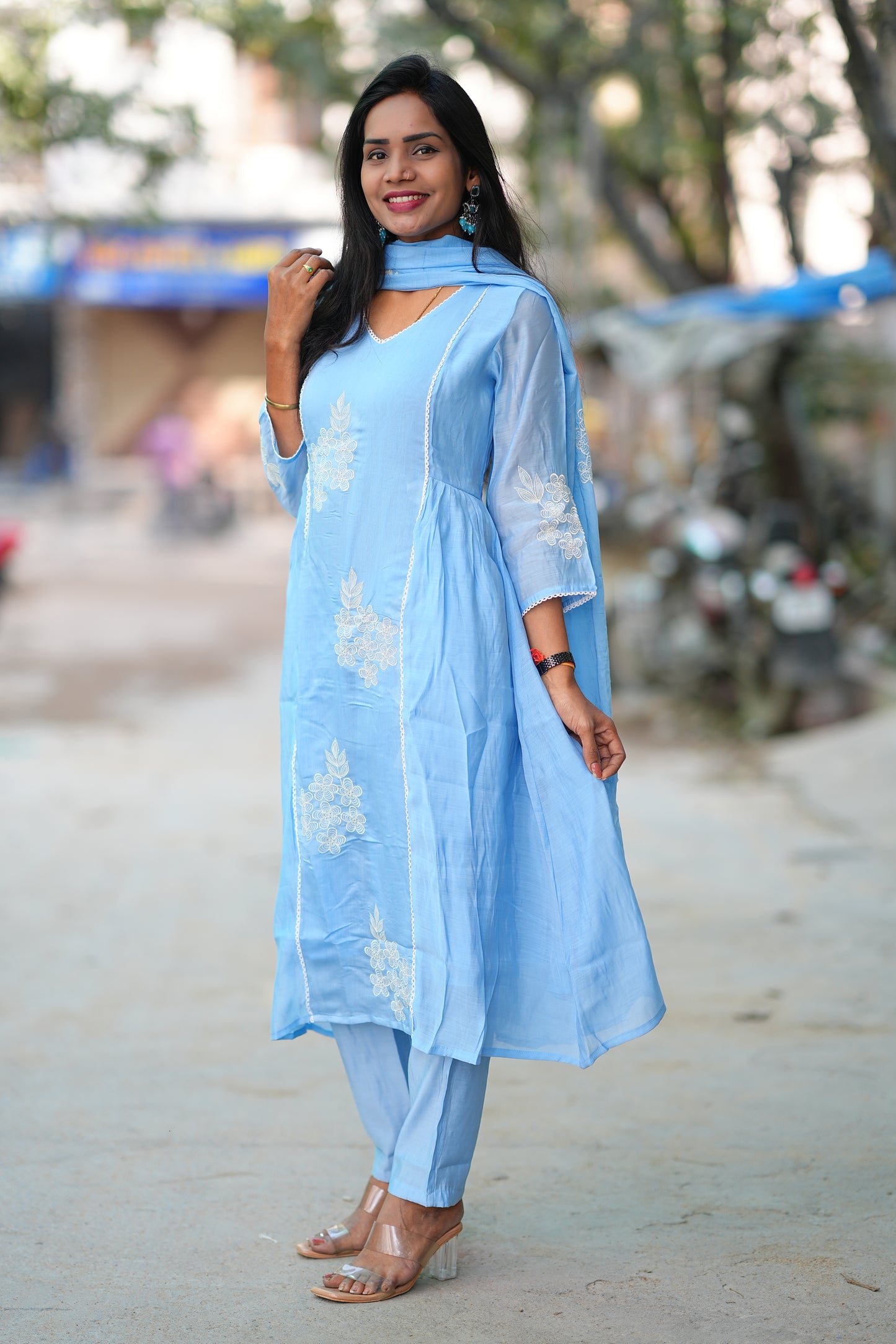 Powder Blue Color Premium Mul Chanderi Festive 3-Piece Embroidered Set with Full Lining