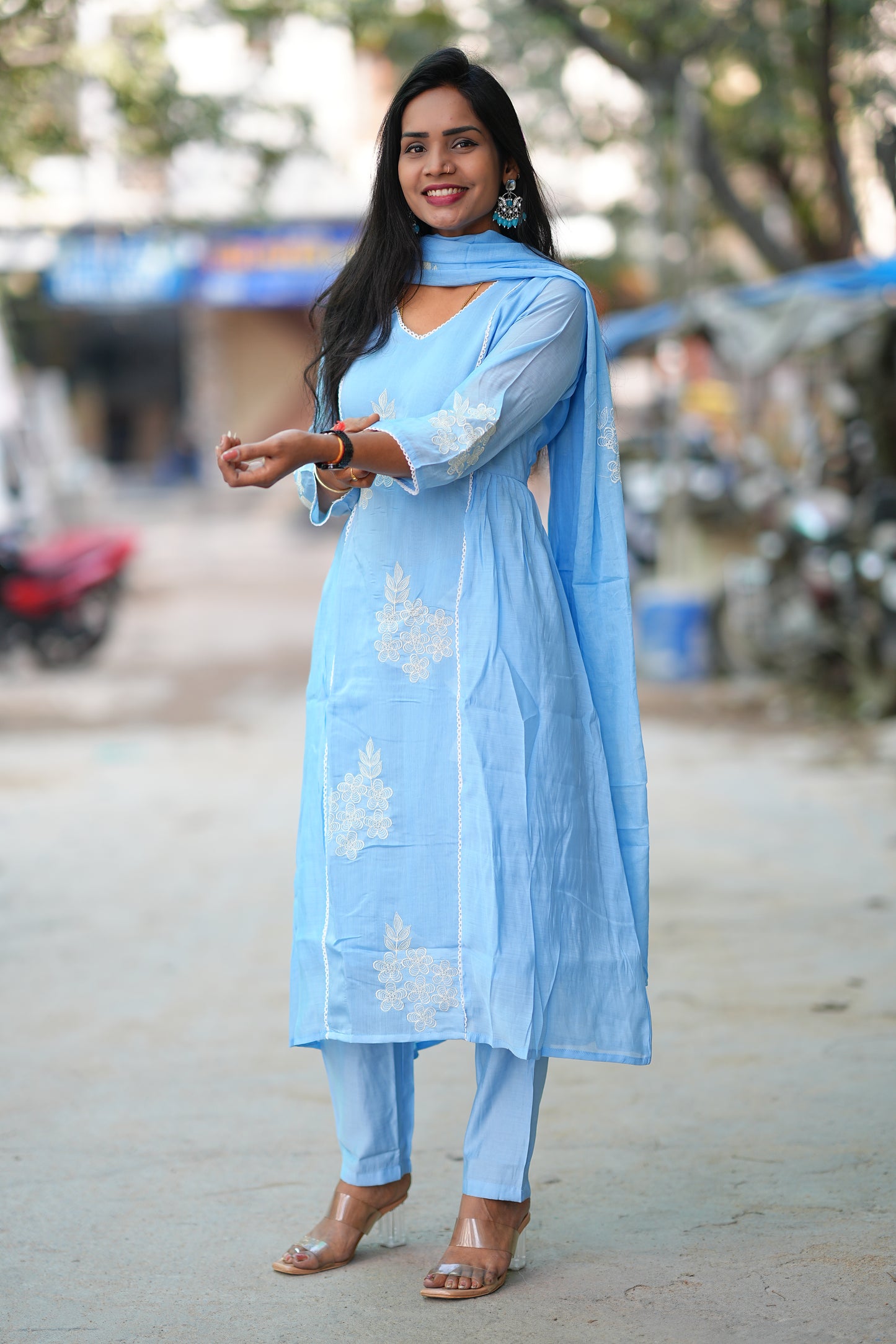 Powder Blue Color Premium Mul Chanderi Festive 3-Piece Embroidered Set with Full Lining