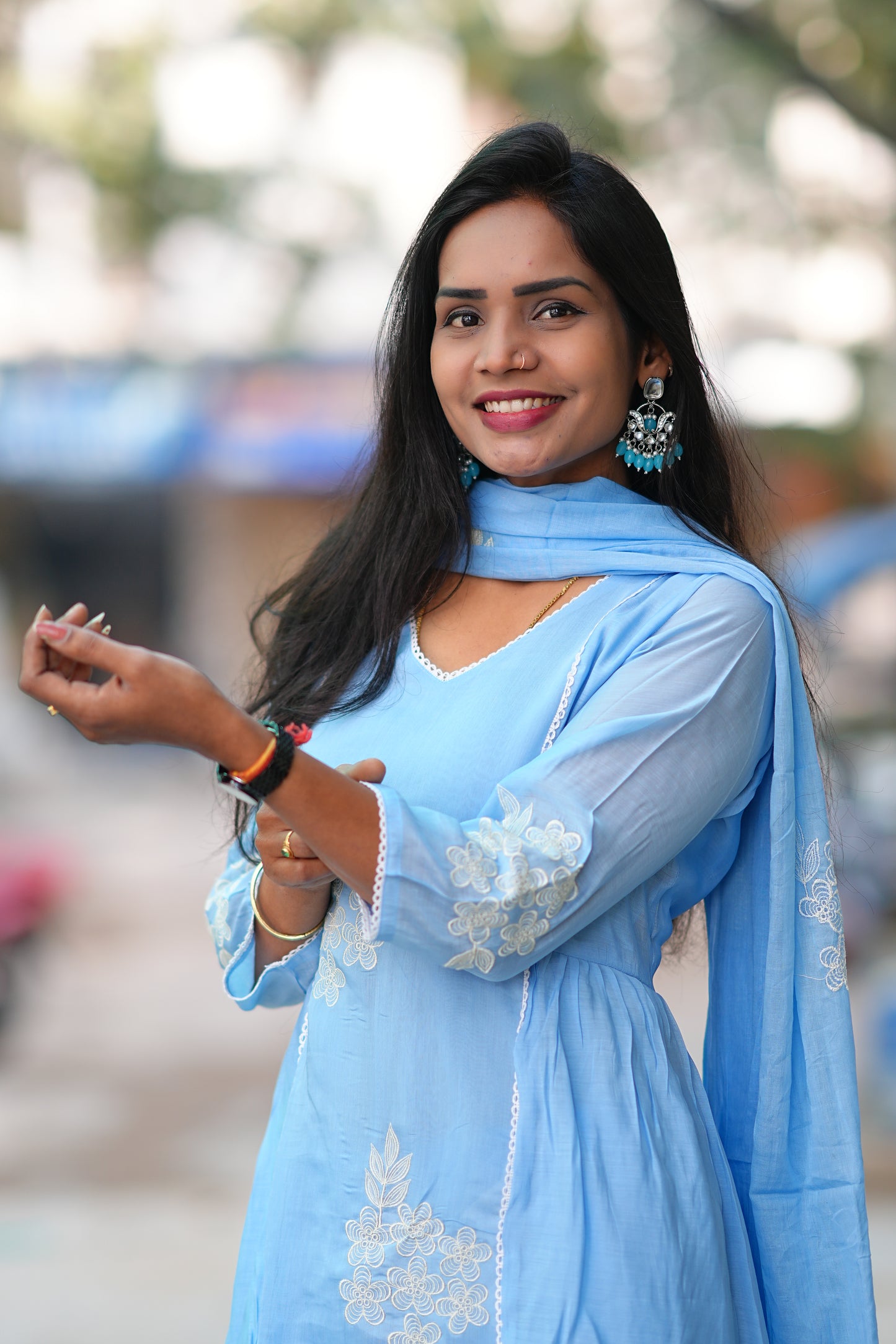 Powder Blue Color Premium Mul Chanderi Festive 3-Piece Embroidered Set with Full Lining