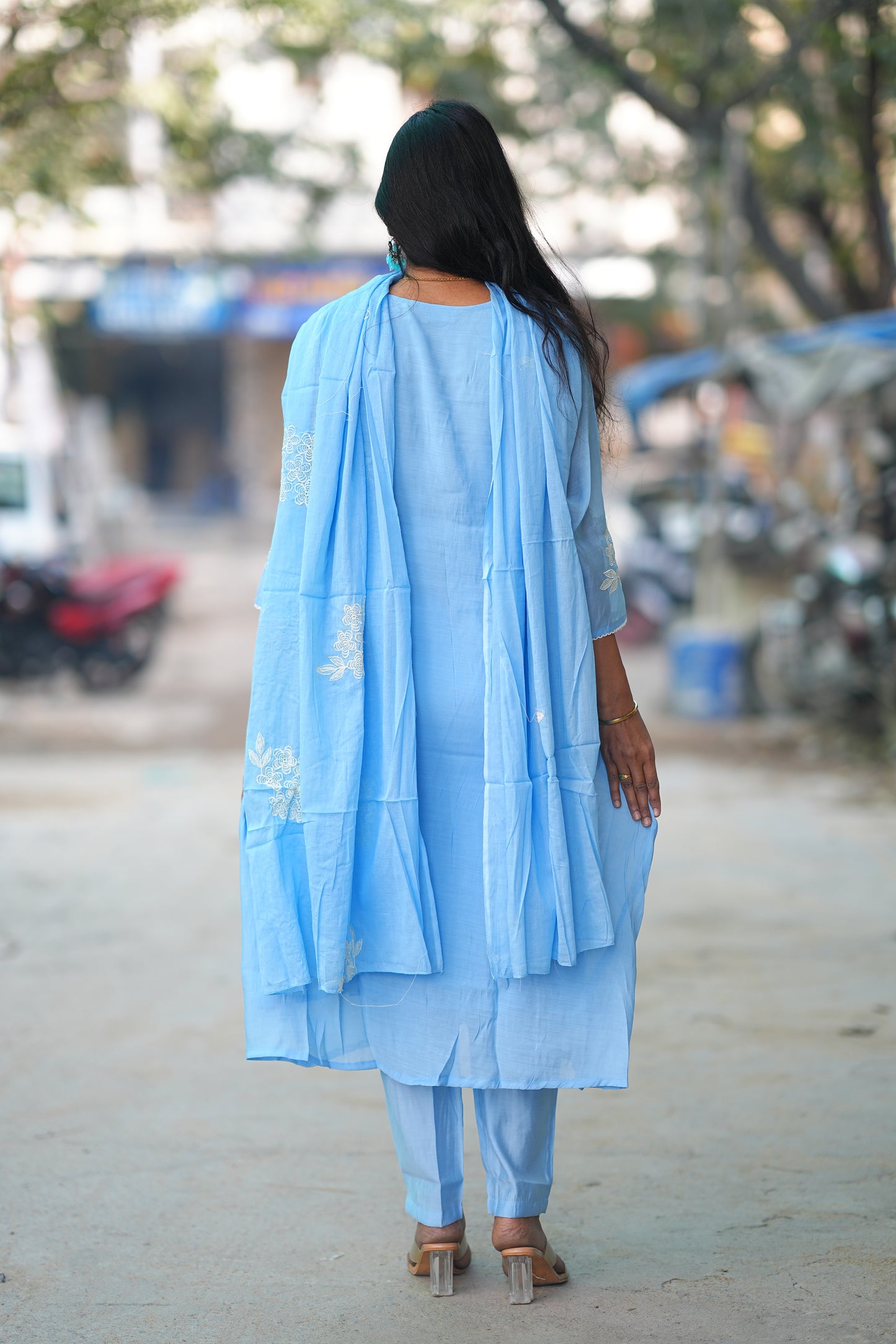 Powder Blue Color Premium Mul Chanderi Festive 3-Piece Embroidered Set with Full Lining