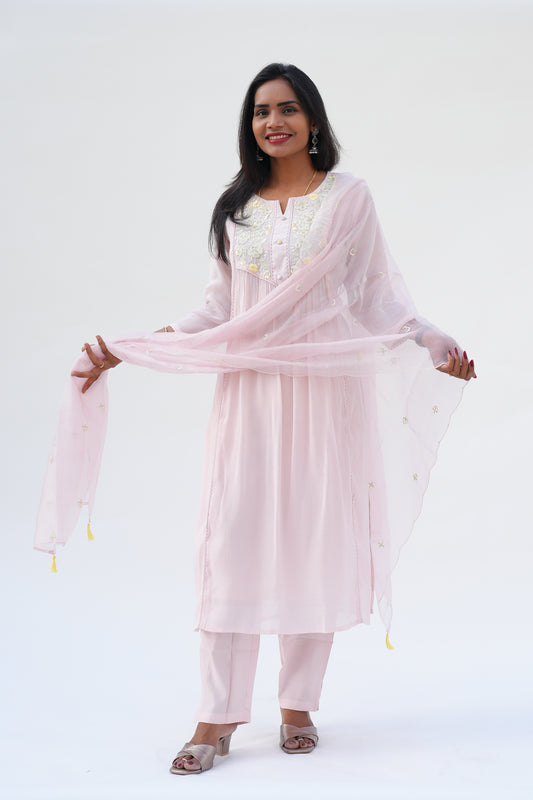 Blush Pink Viscose Fabric Party Wear 3 Piece Set With Kota Duppata and Complete Lining