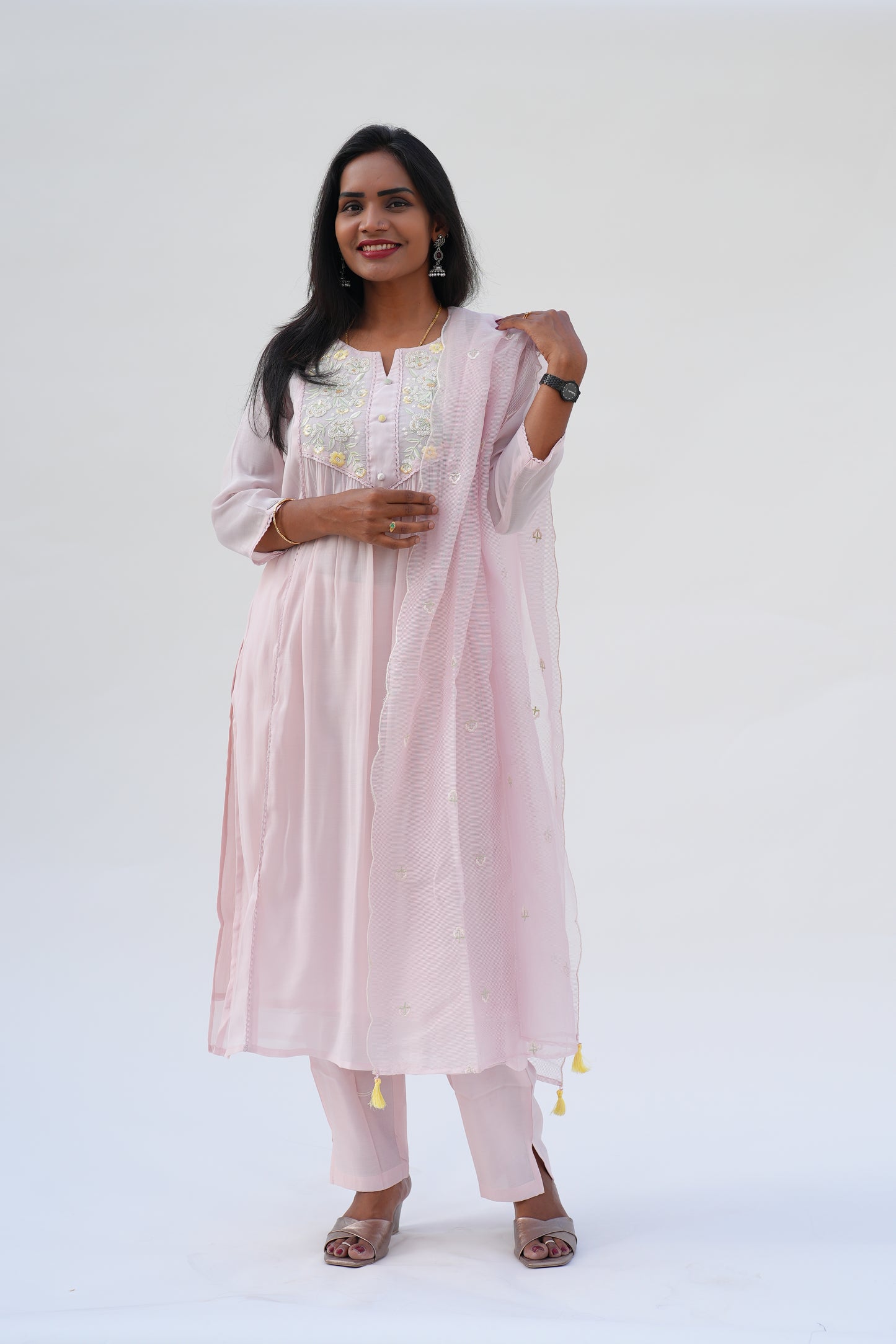 Blush Pink Viscose Fabric Party Wear 3 Piece Set With Kota Duppata and Complete Lining