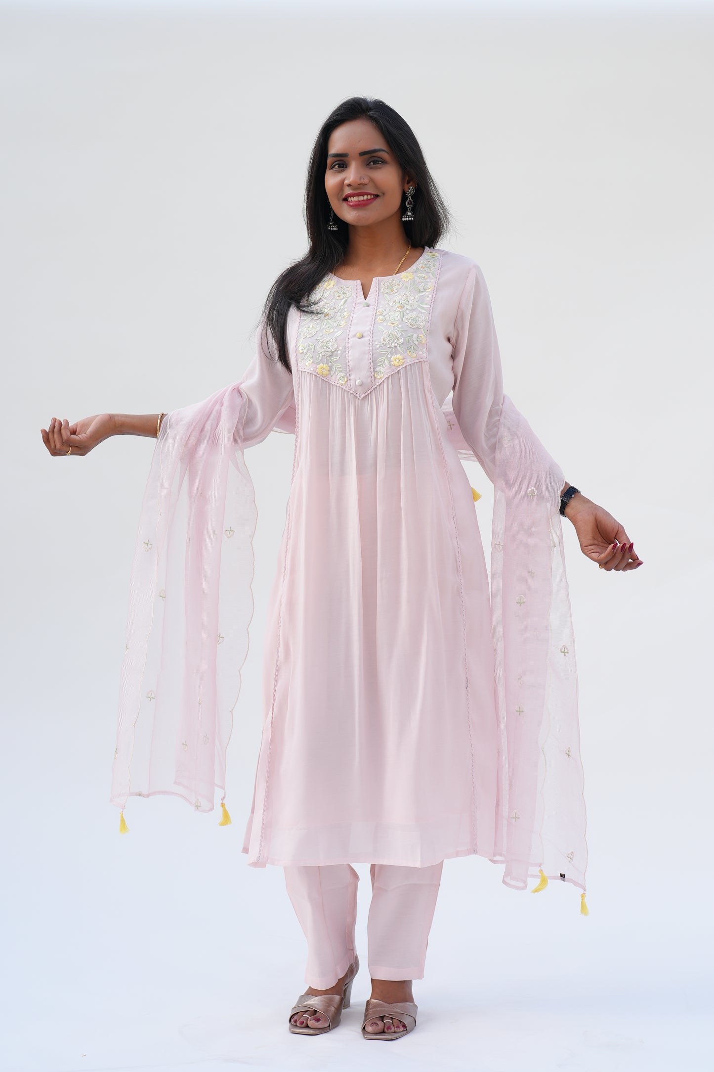 Blush Pink Viscose Fabric Party Wear 3 Piece Set With Kota Duppata and Complete Lining