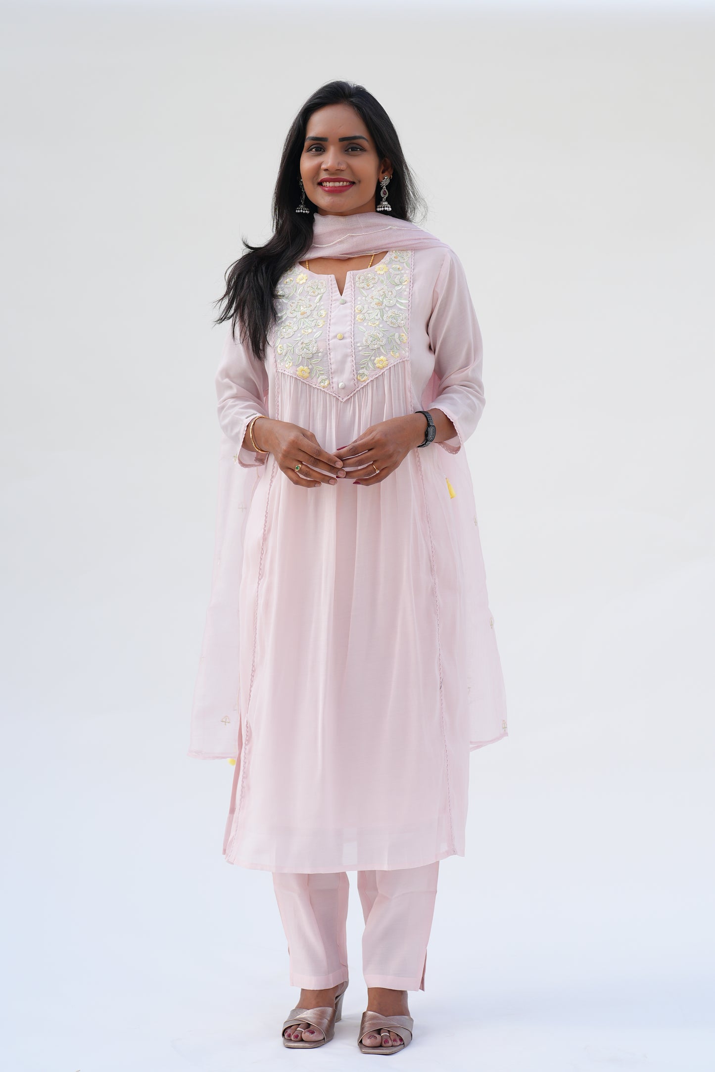 Blush Pink Viscose Fabric Party Wear 3 Piece Set With Kota Duppata and Complete Lining