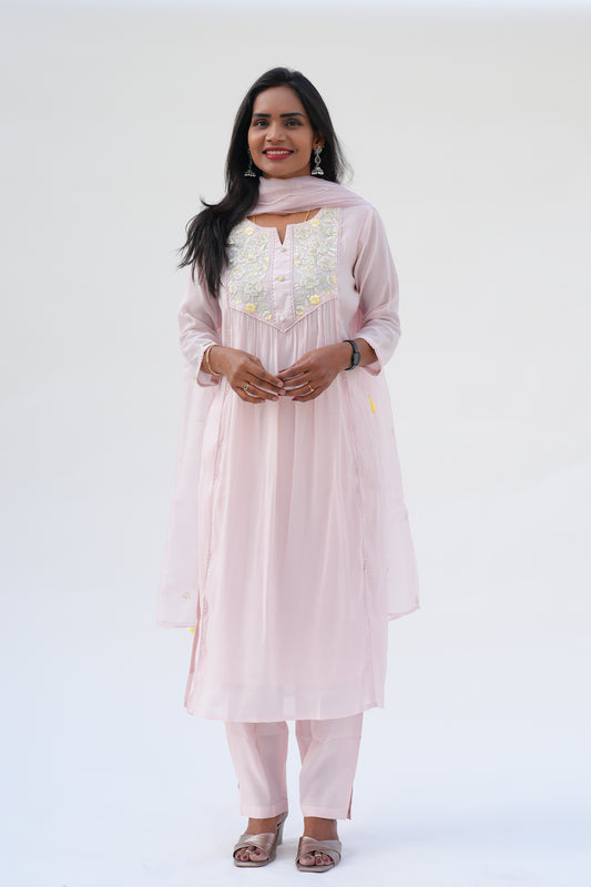 Blush Pink Viscose Fabric Party Wear 3 Piece Set With Kota Duppata and Complete Lining