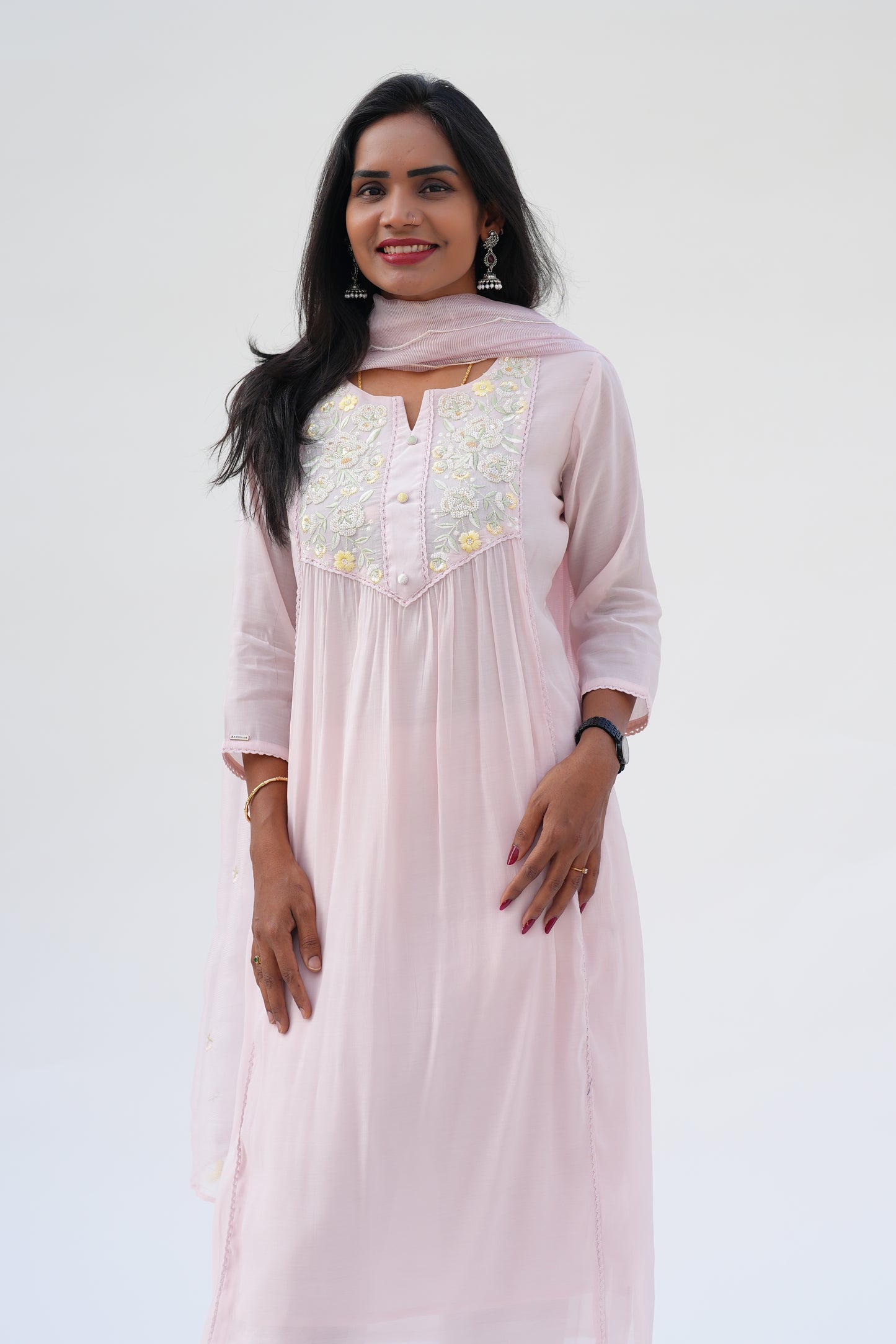 Blush Pink Viscose Fabric Party Wear 3 Piece Set With Kota Duppata and Complete Lining