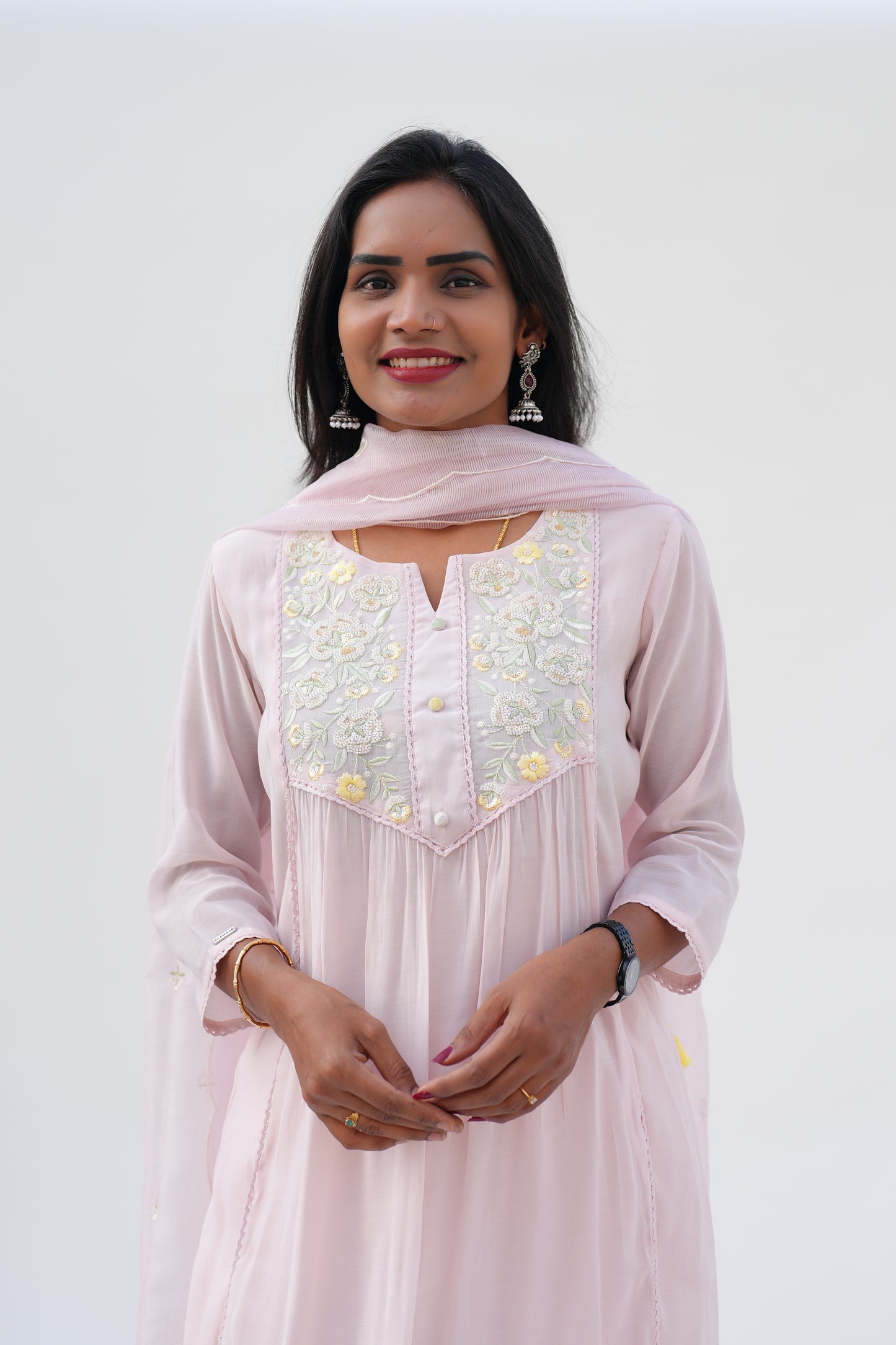 Blush Pink Viscose Fabric Party Wear 3 Piece Set With Kota Duppata and Complete Lining