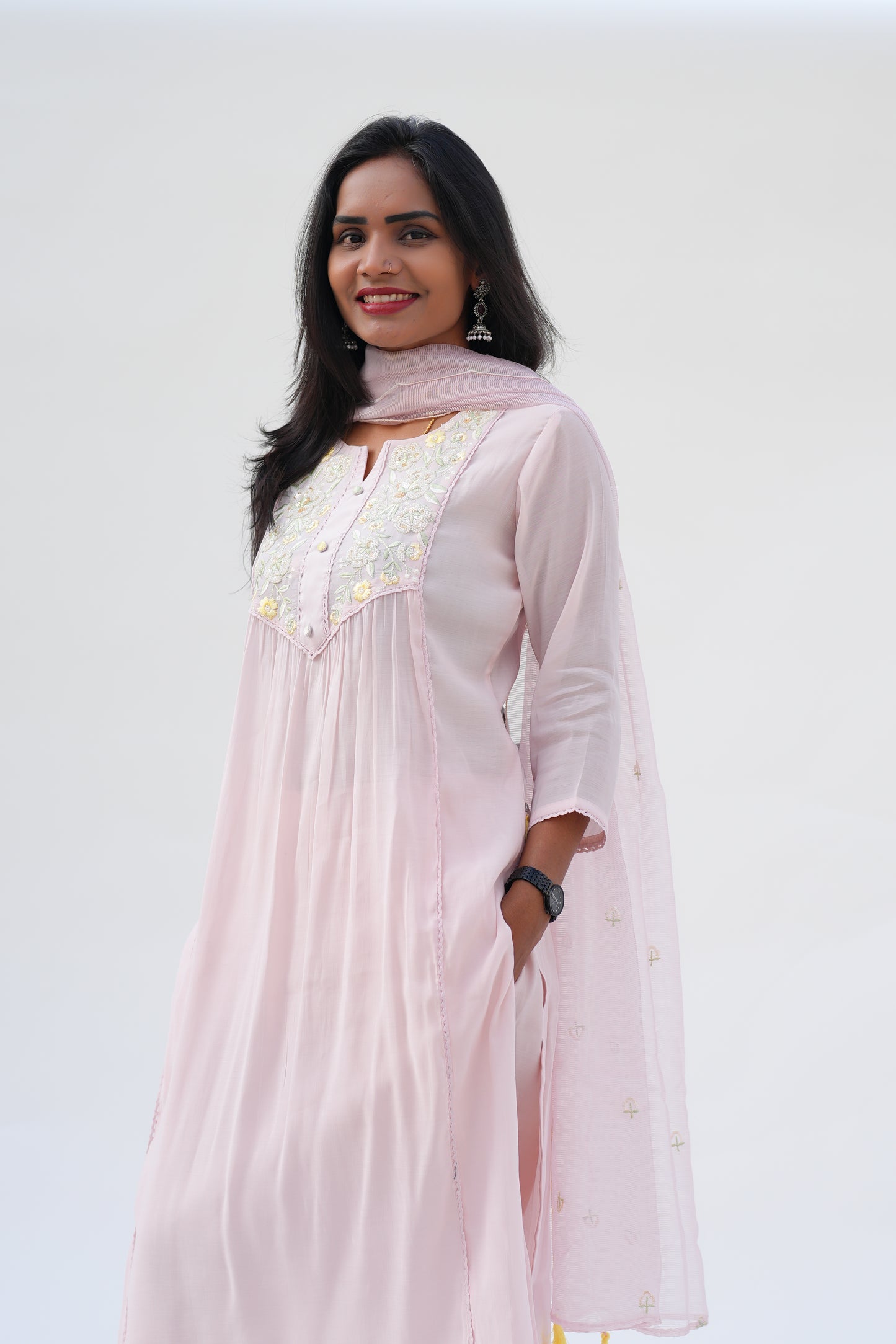 Blush Pink Viscose Fabric Party Wear 3 Piece Set With Kota Duppata and Complete Lining