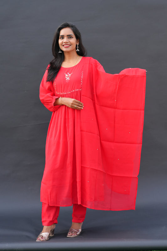 Red Color Mul Chanderi Festive Wear 3 Piece Set With Gota Patti work and Full Lining