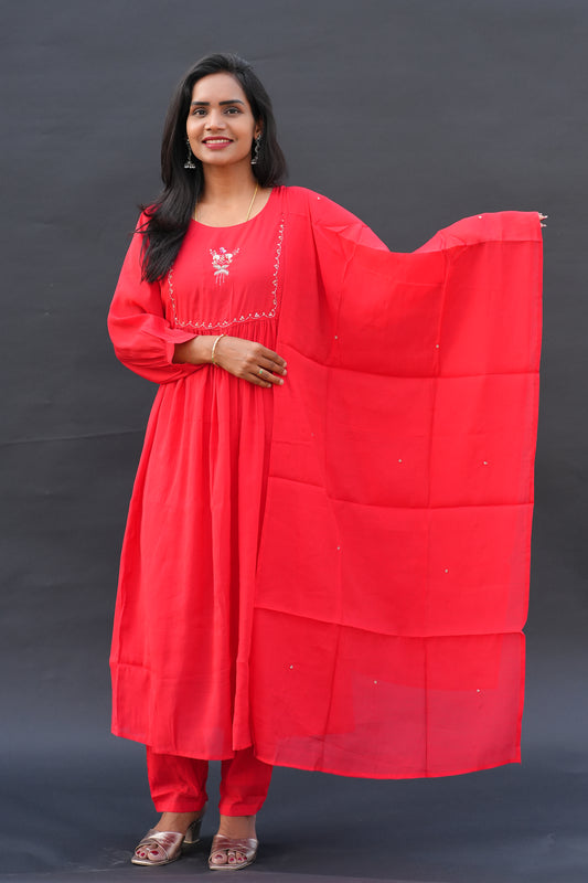 Red Color Mul Chanderi Festive Wear 3 Piece Set With Gota Patti work and Full Lining