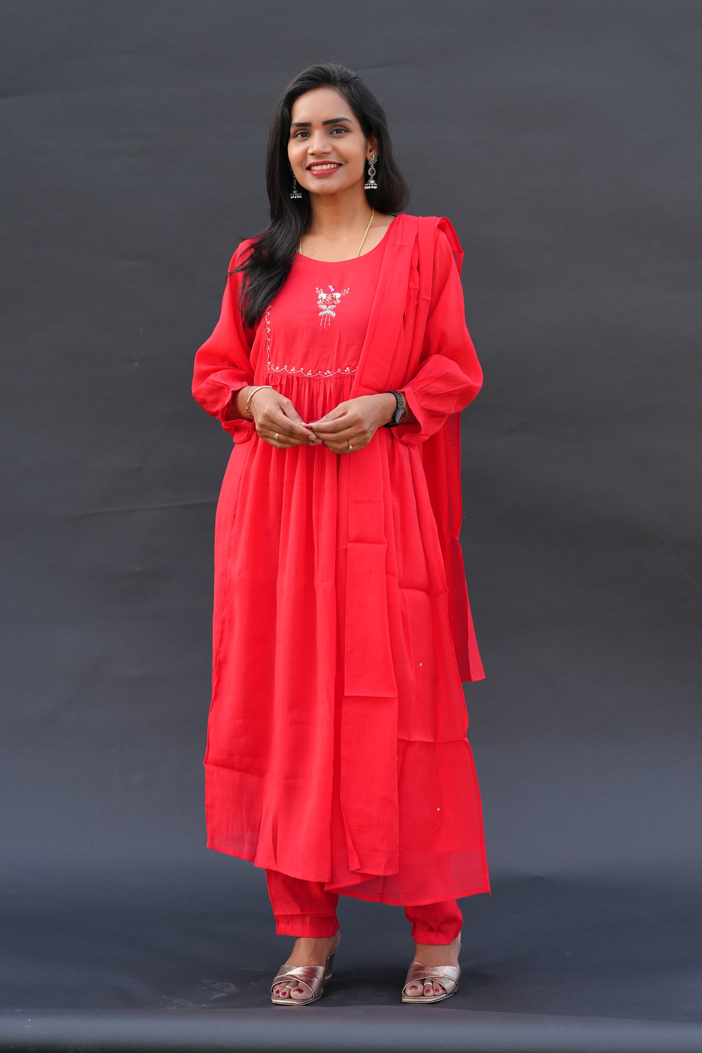 Red Color Mul Chanderi Festive Wear 3 Piece Set With Gota Patti work and Full Lining