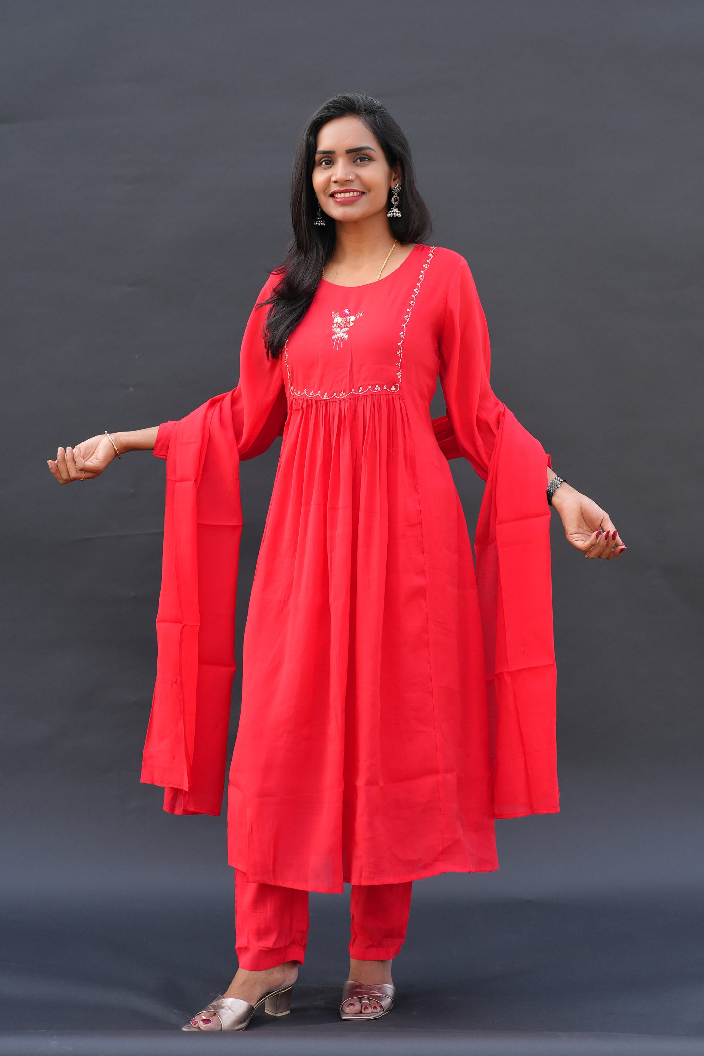 Red Color Mul Chanderi Festive Wear 3 Piece Set With Gota Patti work and Full Lining