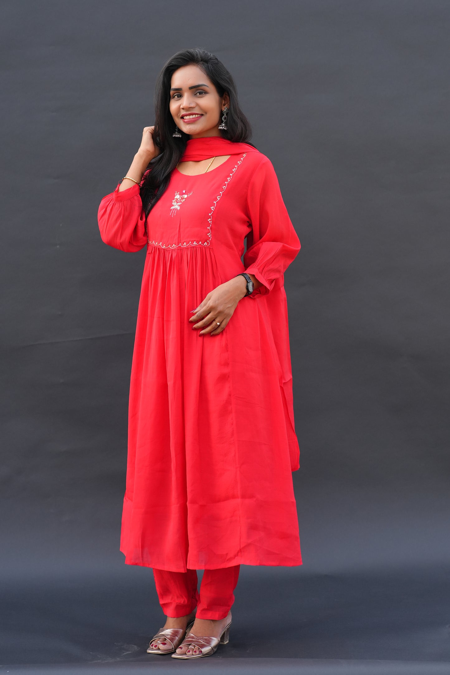 Red Color Mul Chanderi Festive Wear 3 Piece Set With Gota Patti work and Full Lining