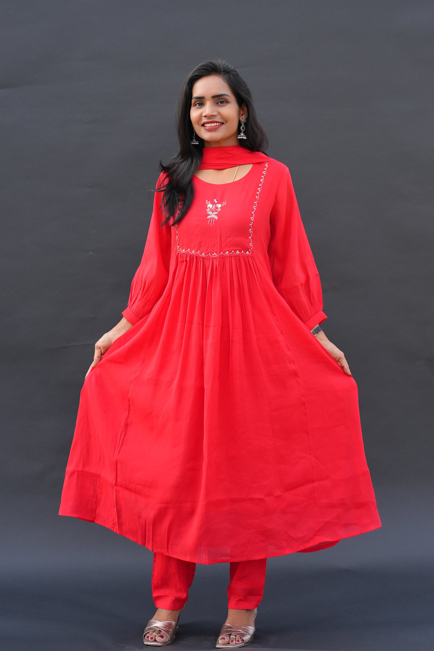 Red Color Mul Chanderi Festive Wear 3 Piece Set With Gota Patti work and Full Lining