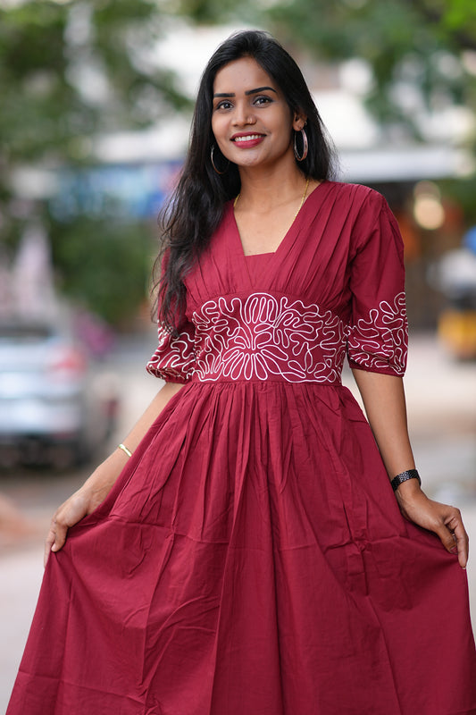 Maroon Color Designer Frock in Cotton