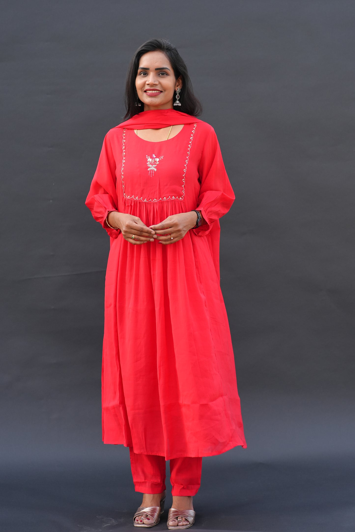 Red Color Mul Chanderi Festive Wear 3 Piece Set With Gota Patti work and Full Lining