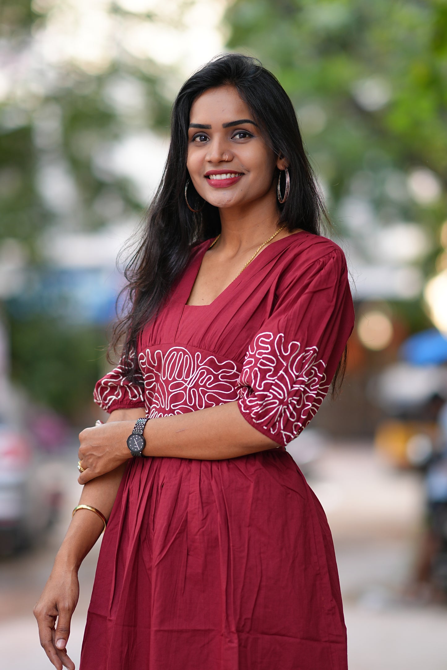Maroon Color Designer Frock in Cotton