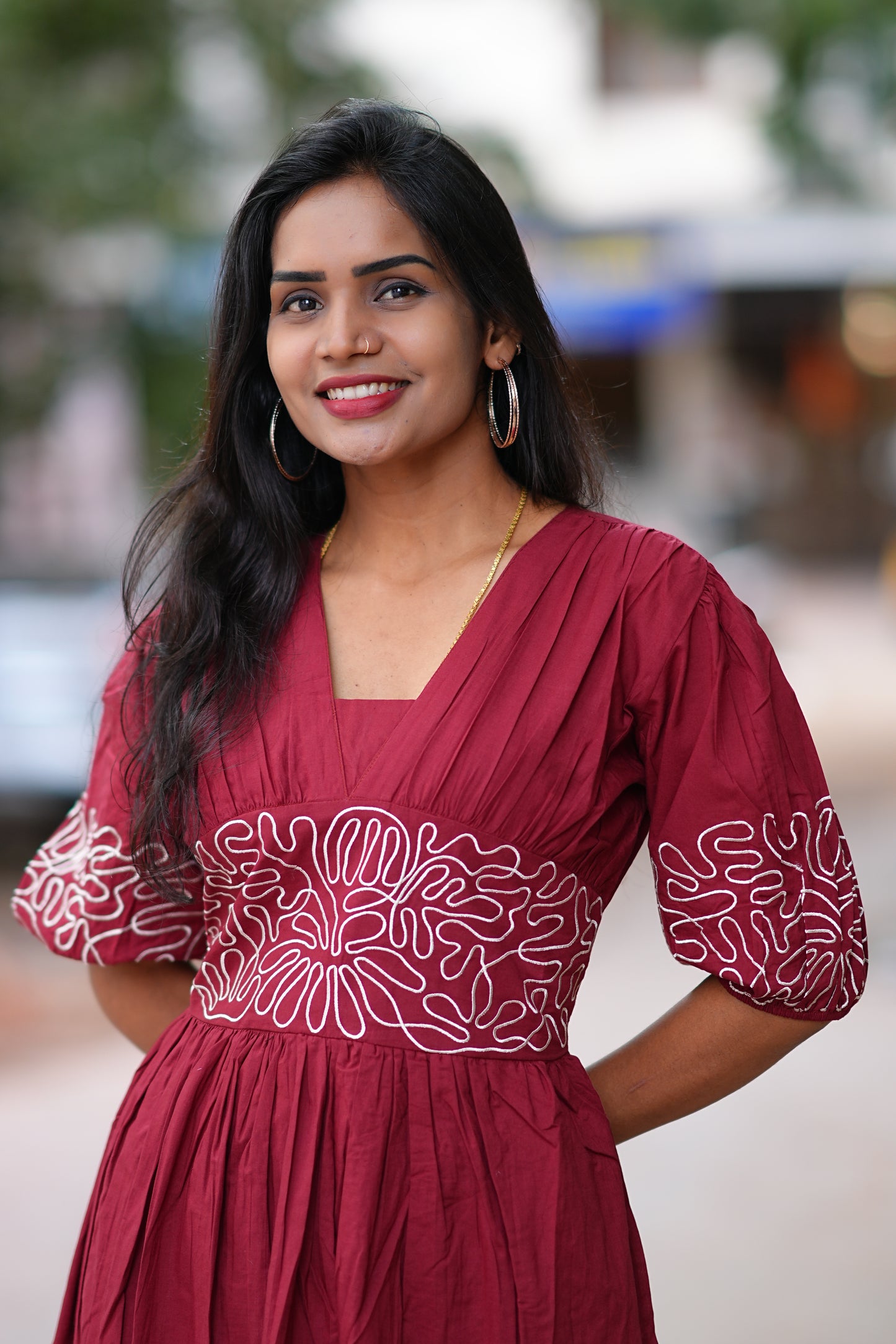 Maroon Color Designer Frock in Cotton