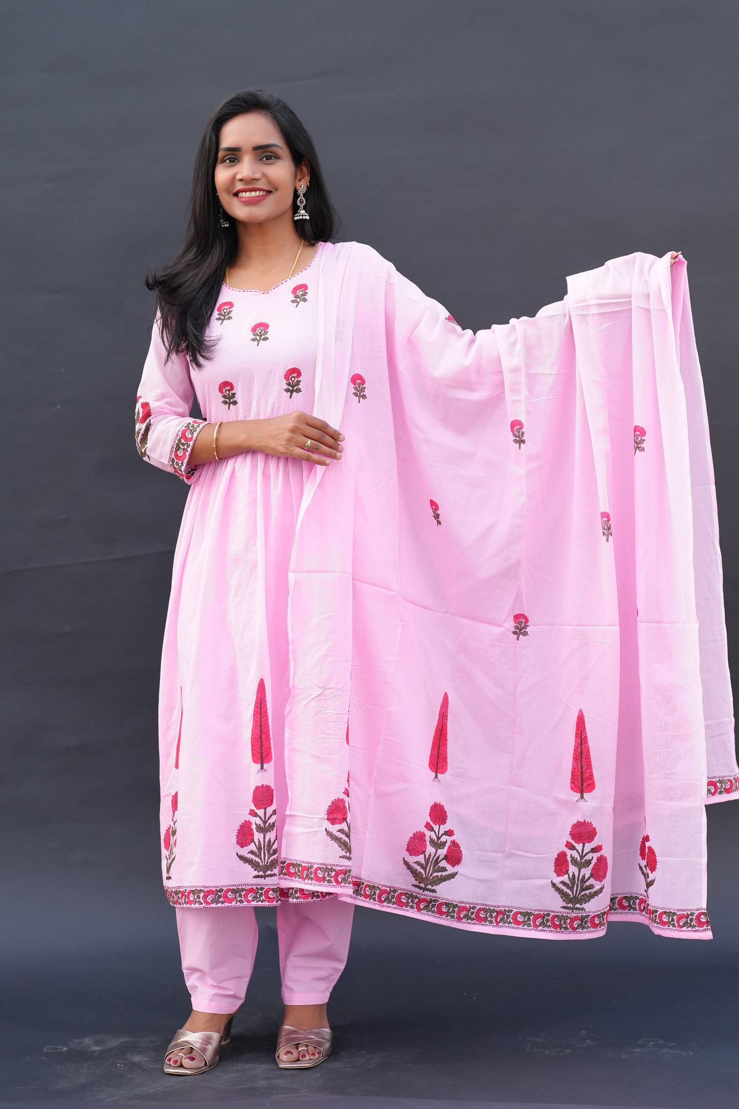 Pink Color Mul Cotton A Line 3 Piece Set with Block Printing and Complete Lining