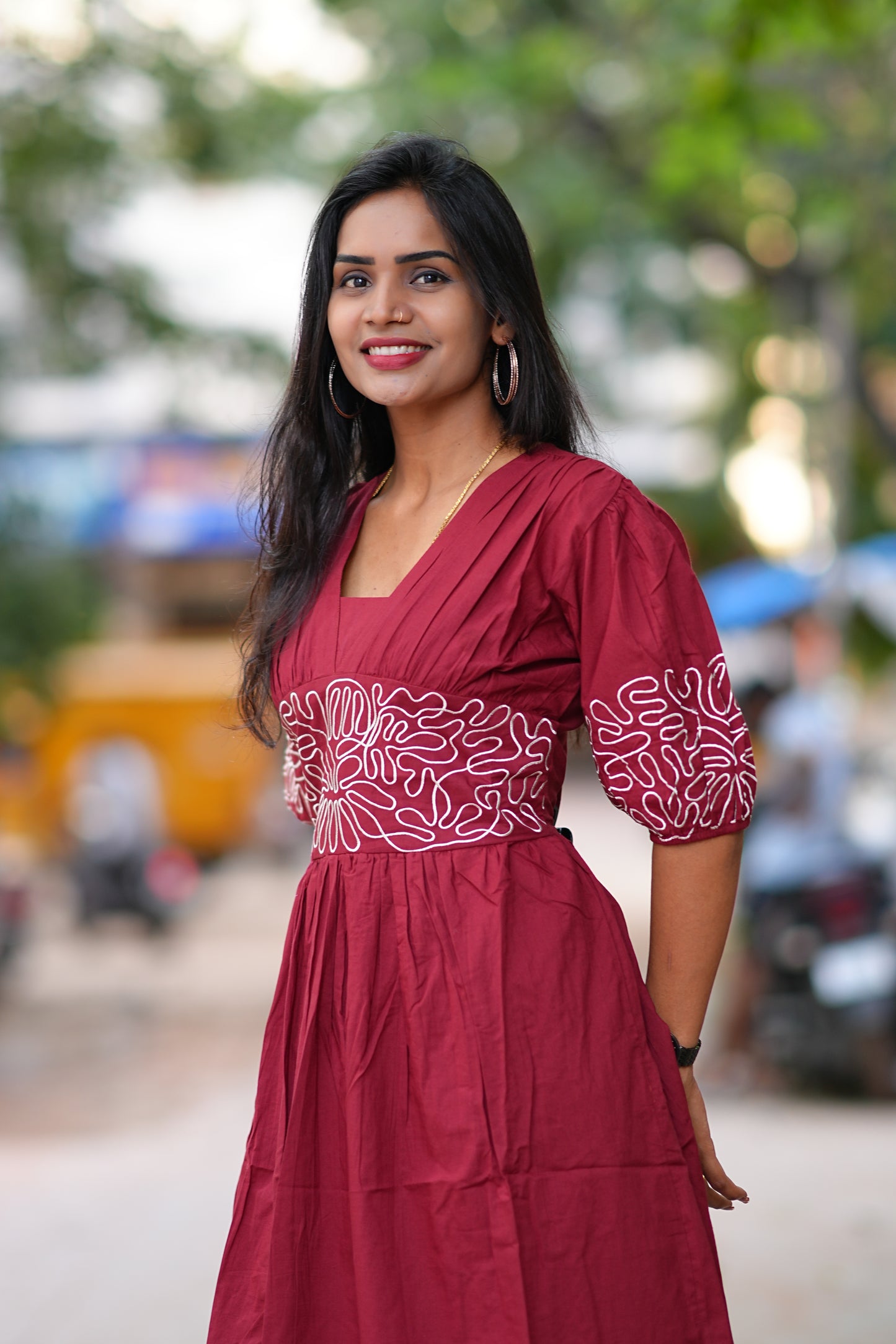 Maroon Color Designer Frock in Cotton