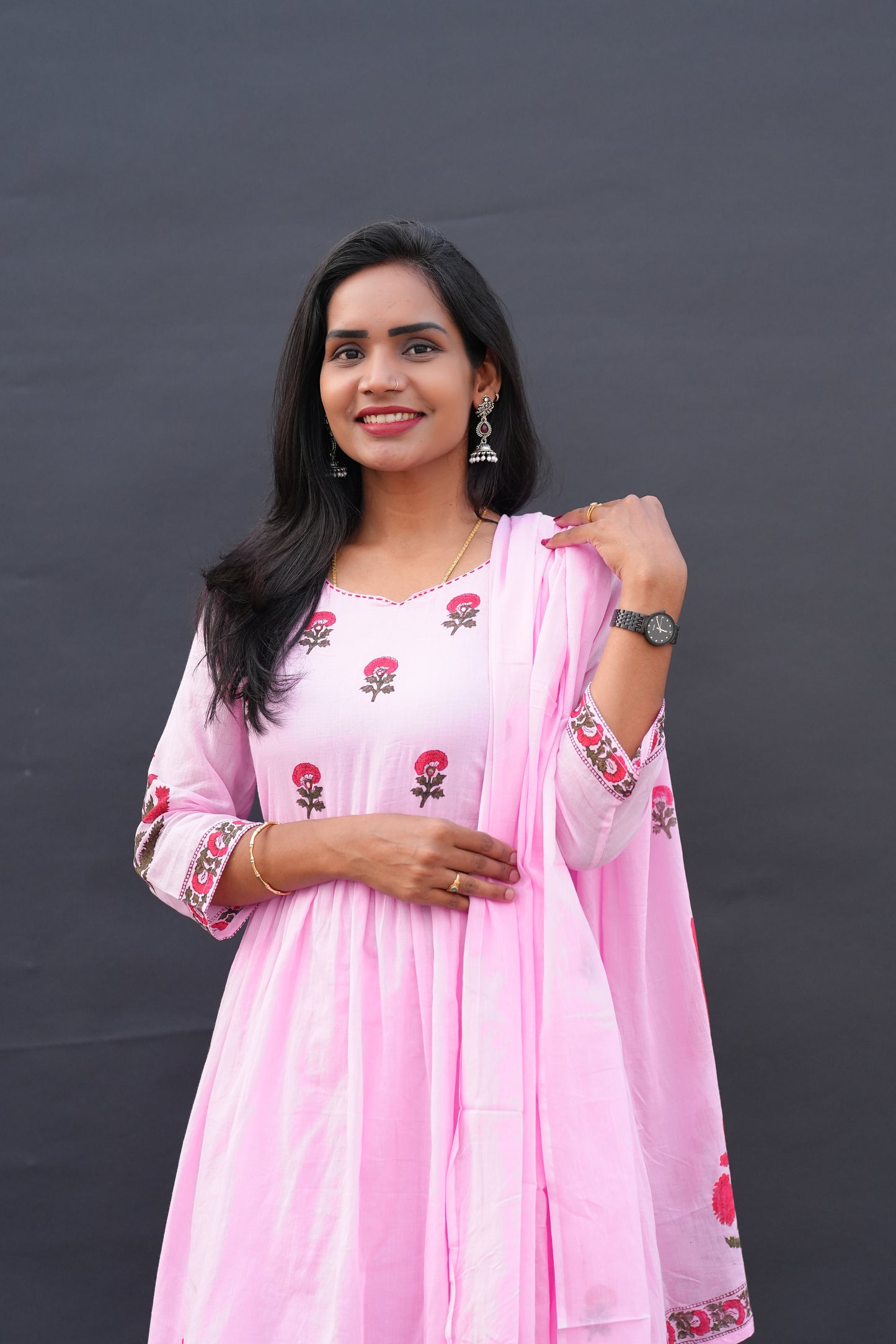 Pink Color Mul Cotton A Line 3 Piece Set with Block Printing and Complete Lining
