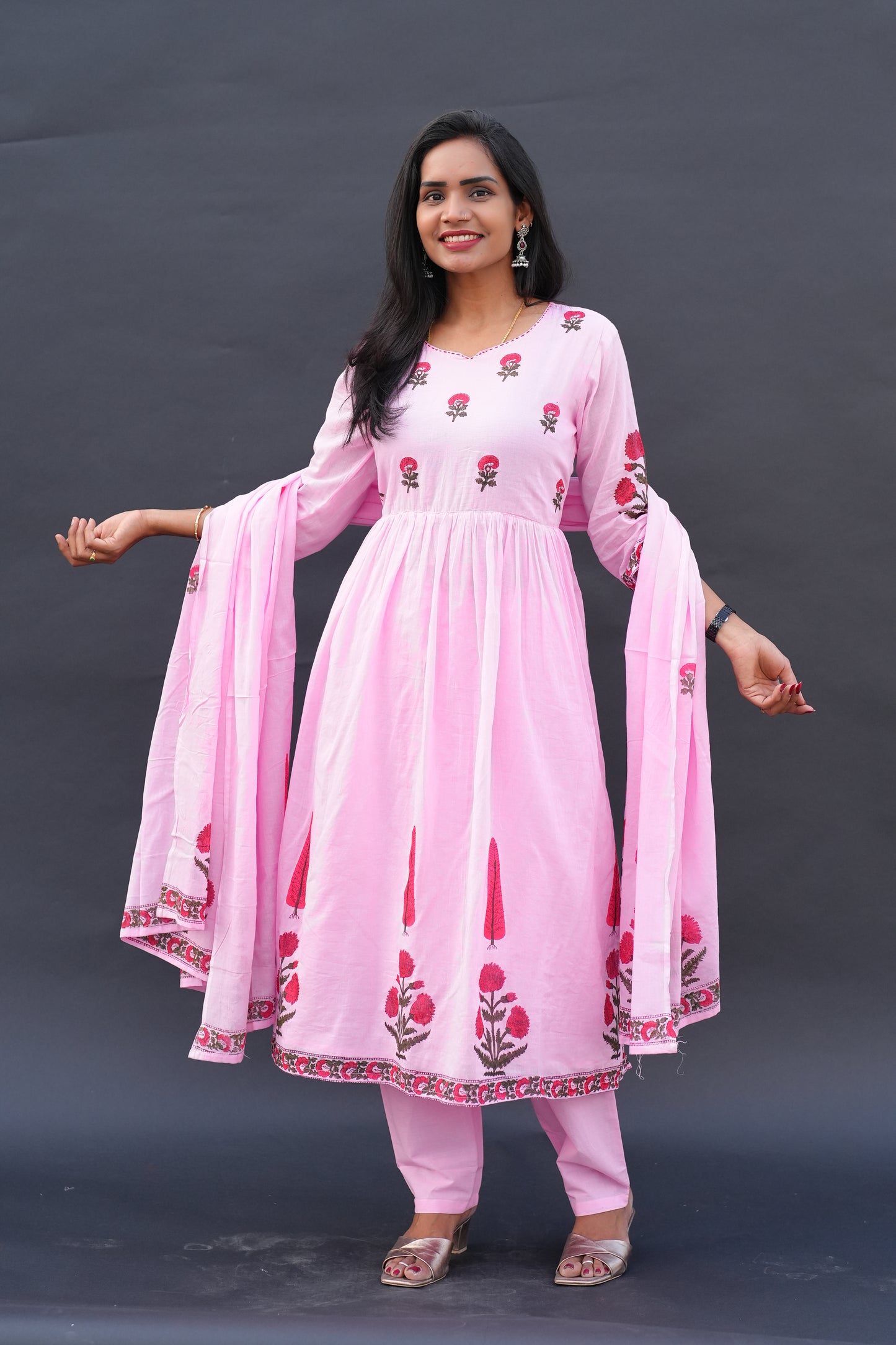 Pink Color Mul Cotton A Line 3 Piece Set with Block Printing and Complete Lining