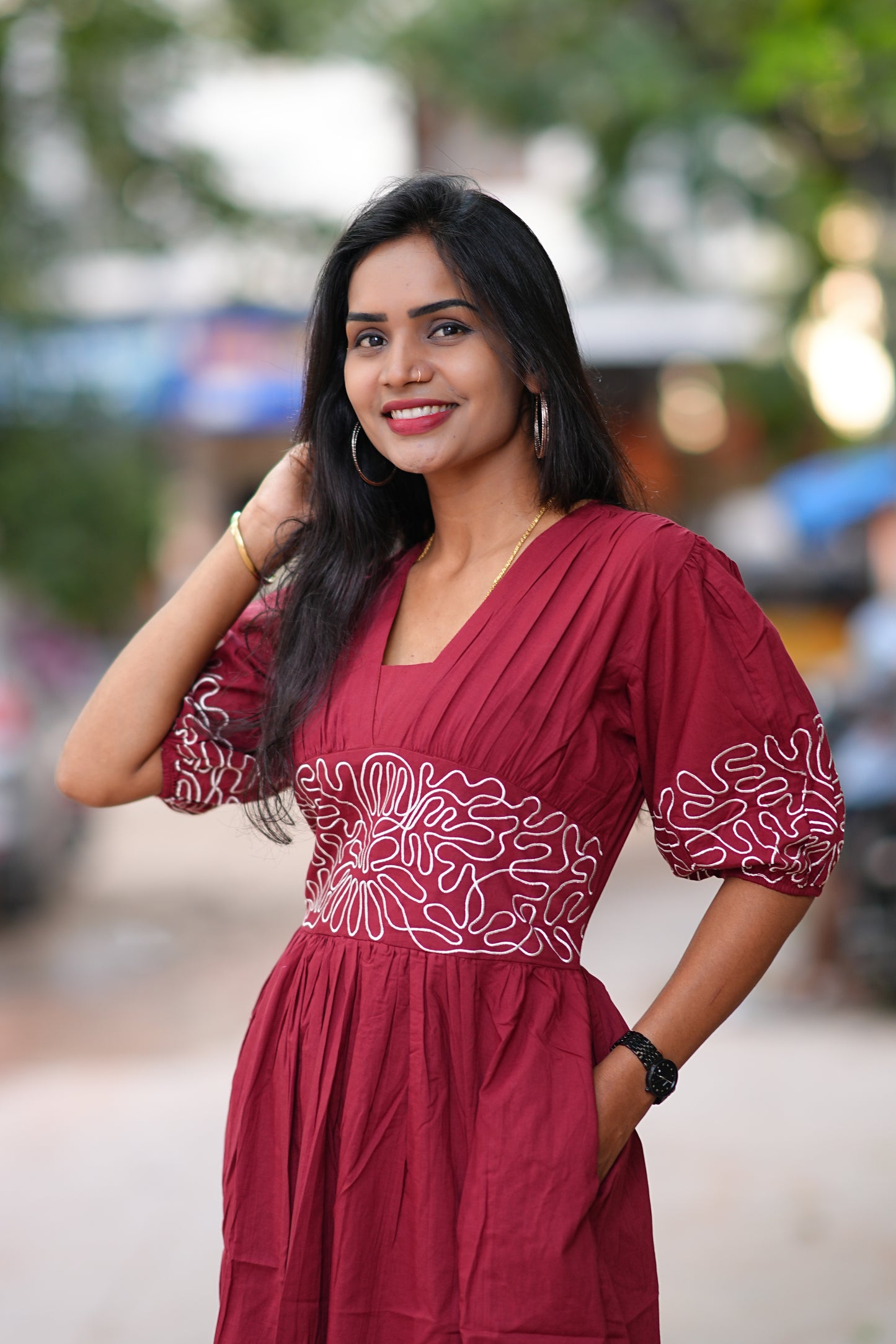 Maroon Color Designer Frock in Cotton