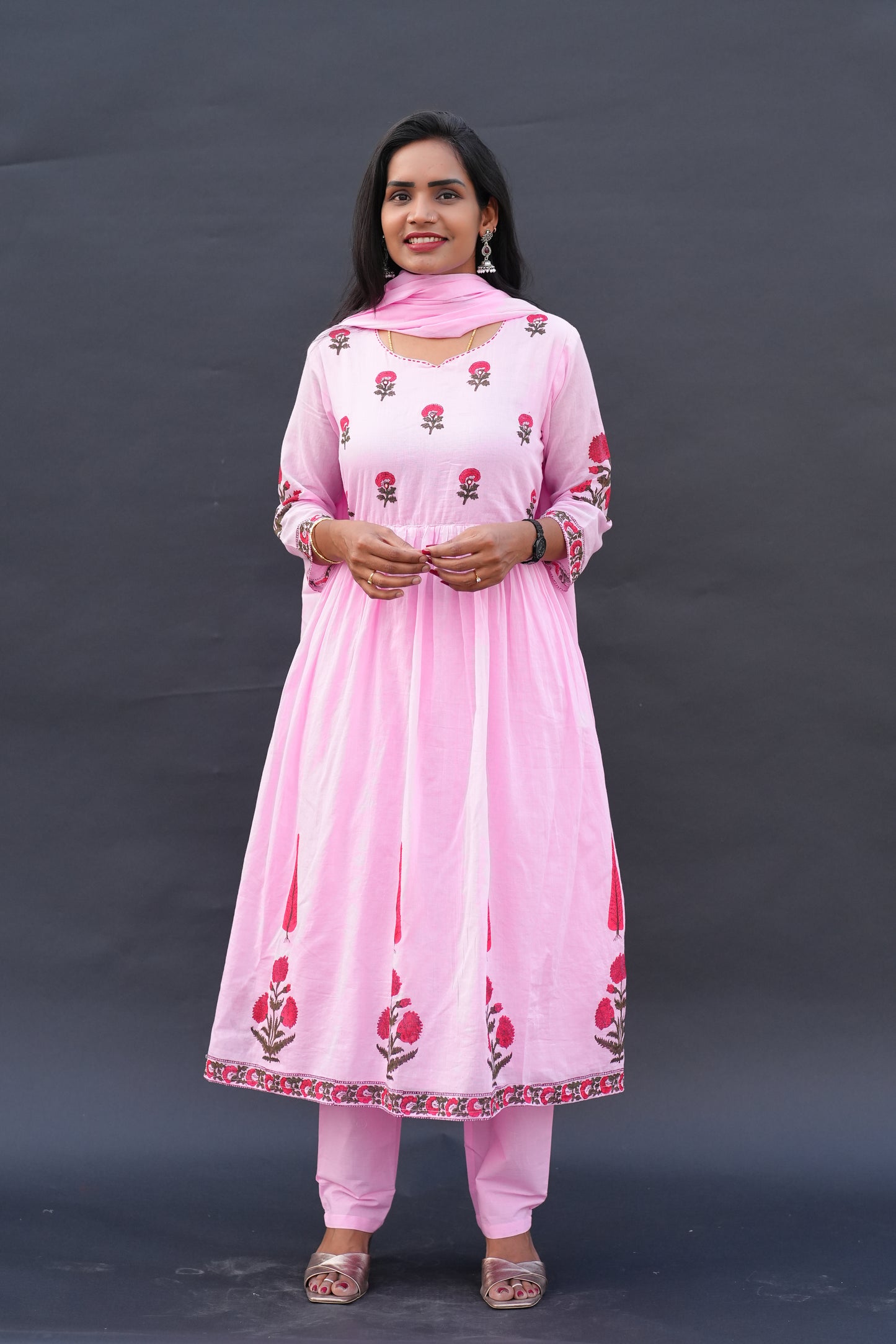 Pink Color Mul Cotton A Line 3 Piece Set with Block Printing and Complete Lining
