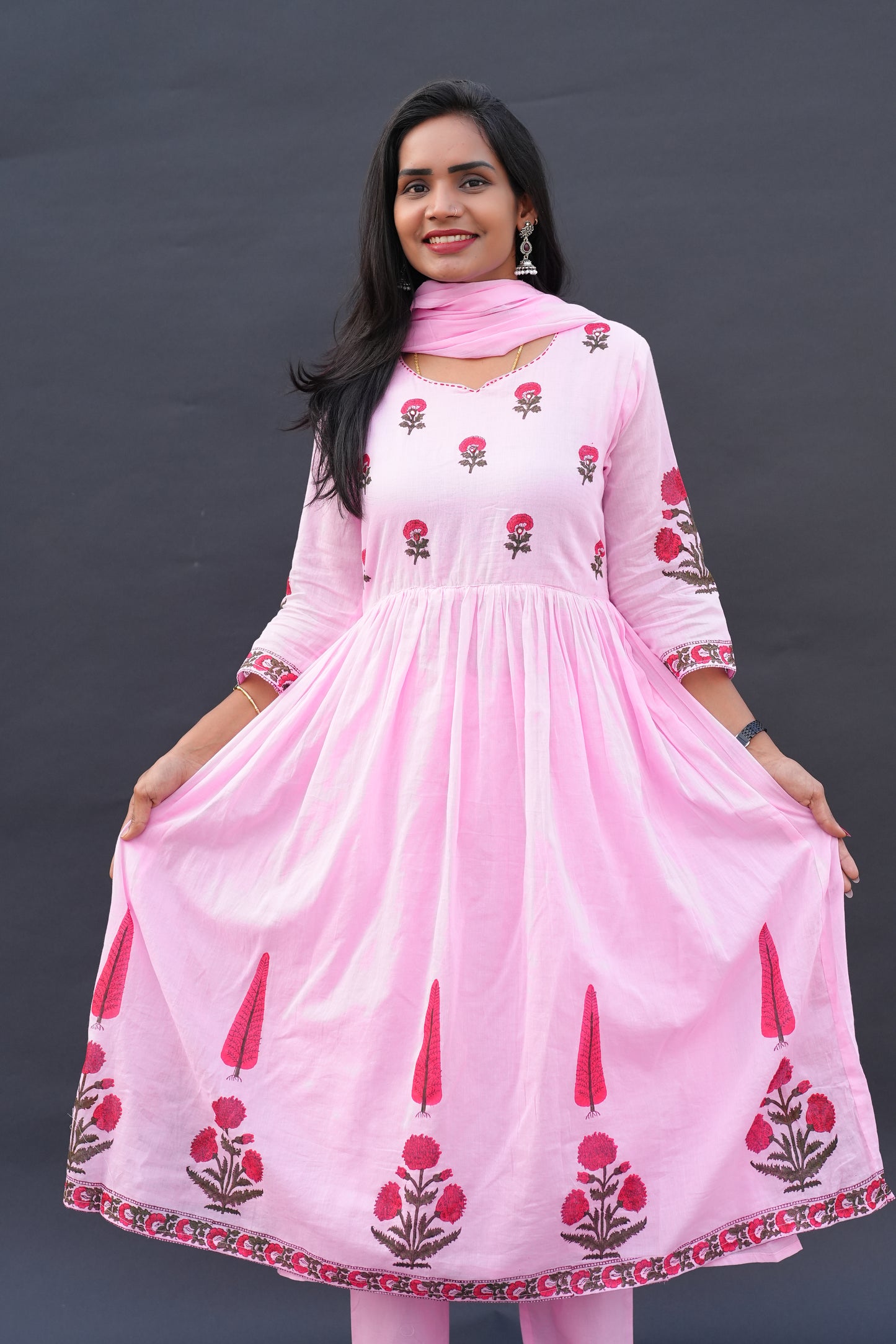 Pink Color Mul Cotton A Line 3 Piece Set with Block Printing and Complete Lining